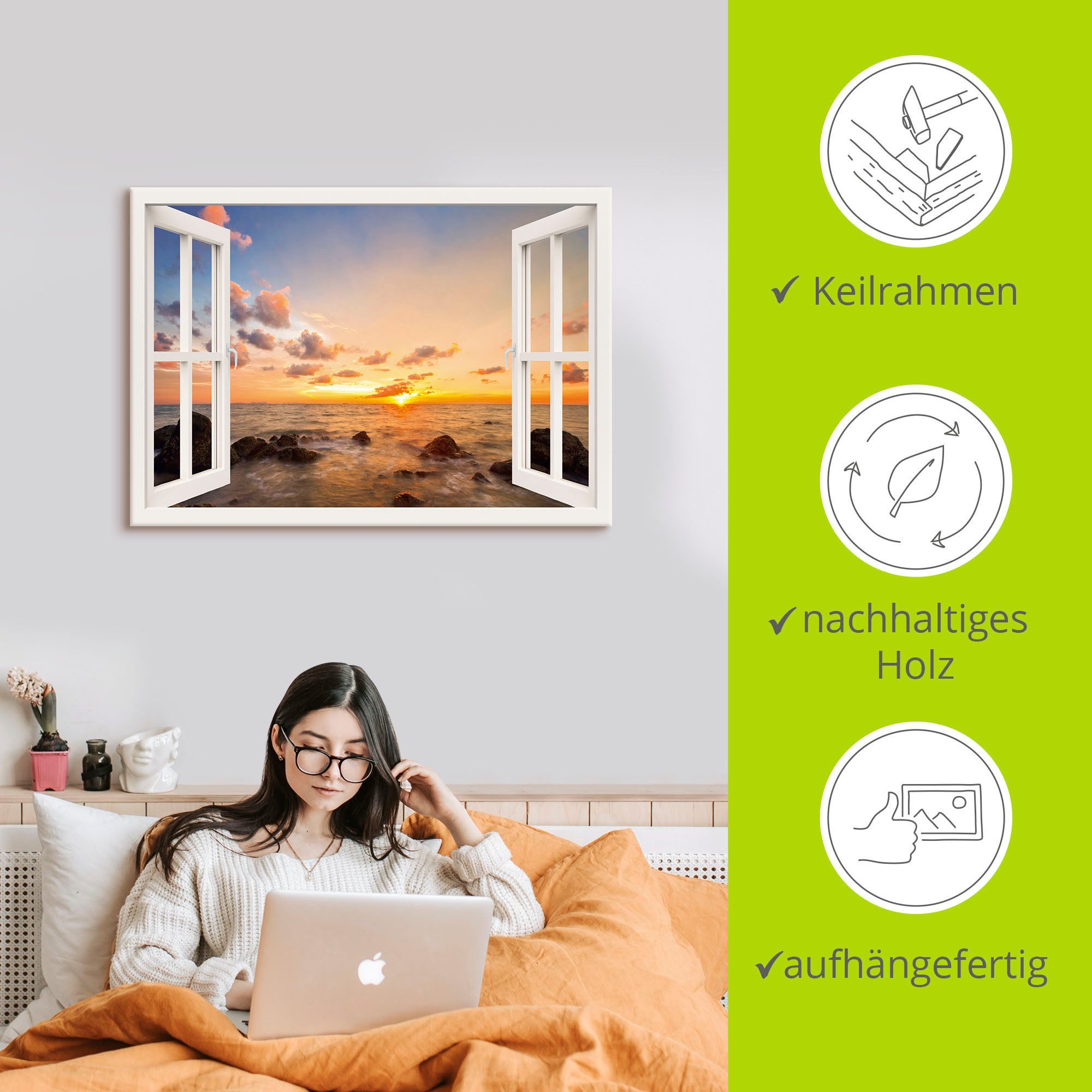Artland Artprint Blik uit het venster zonsondergang aan zee als artprint van aluminium, artprint op linnen, muursticker, verschillende maten
