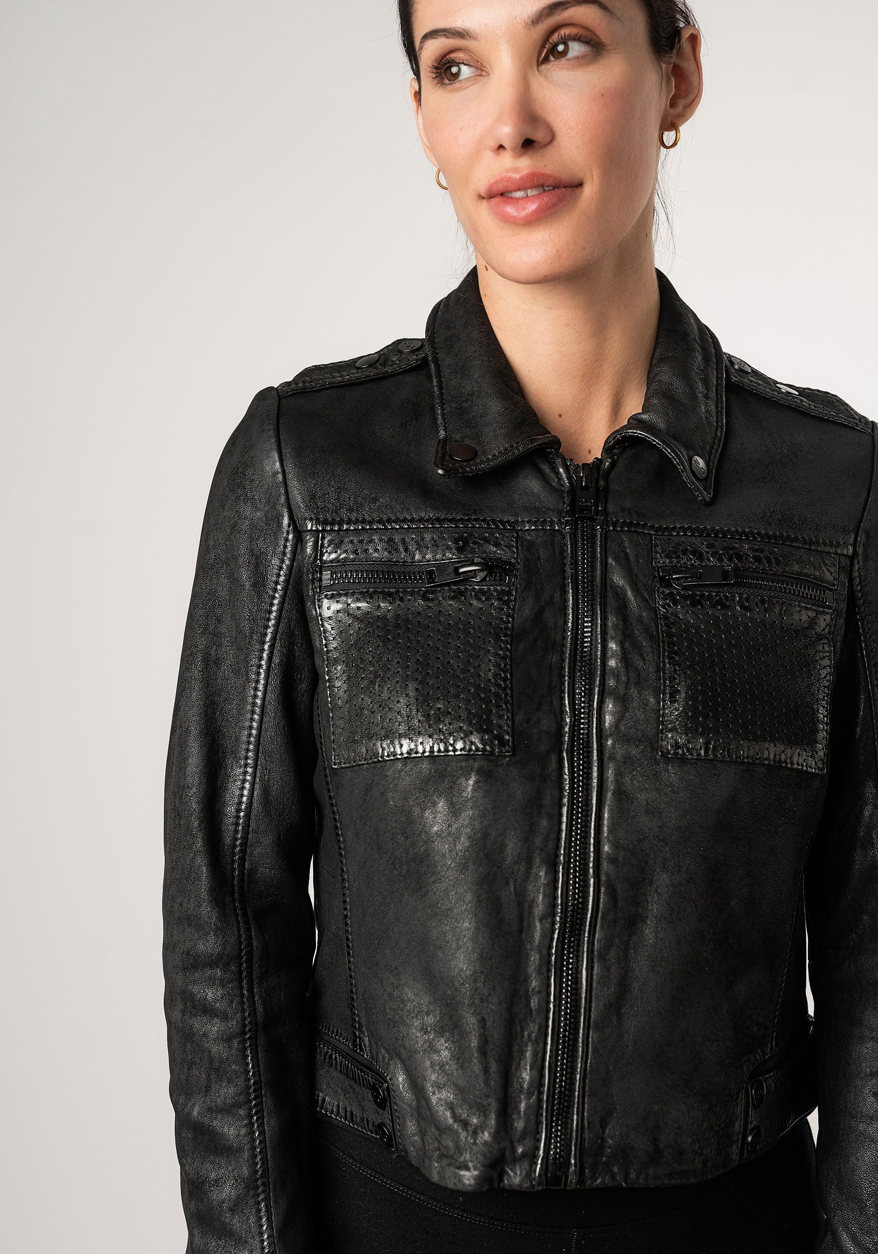 Mauritius Leren jack 2Wmarin STR met schouderflappen, met borstzakken, met studs