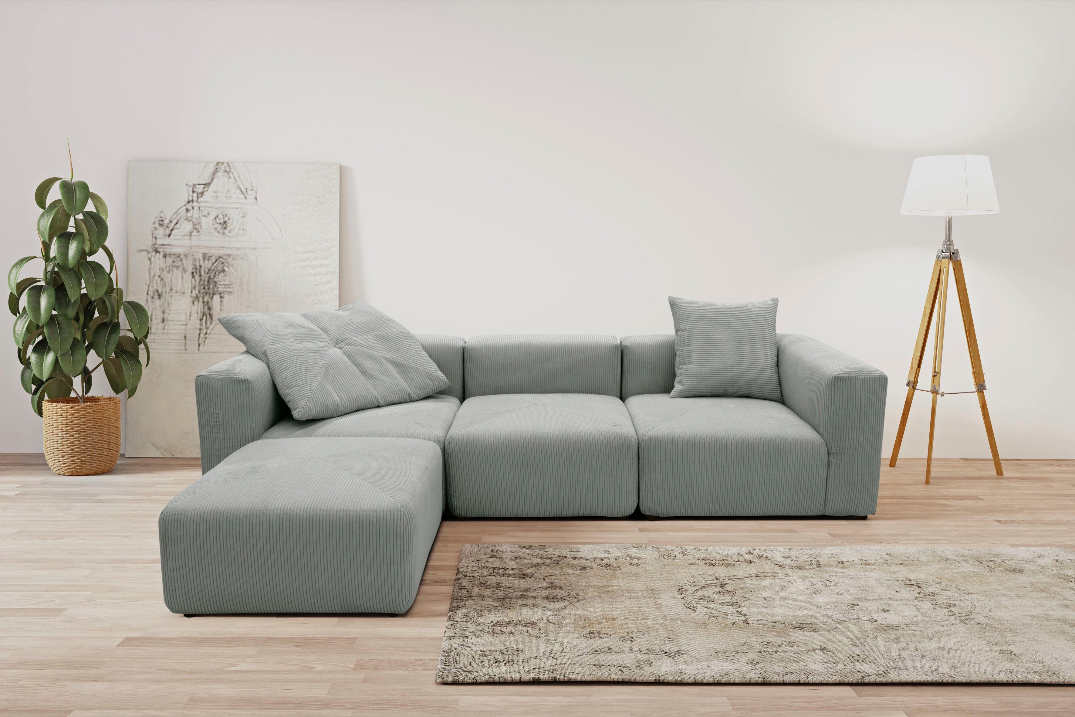 RAUM.ID Hoekbank Gerrid L-vorm Ribfluwelen bekleding, modulaire bank, bestaande uit hoek- en tussenelement + voetenbank/poef grijs, hoekbanken