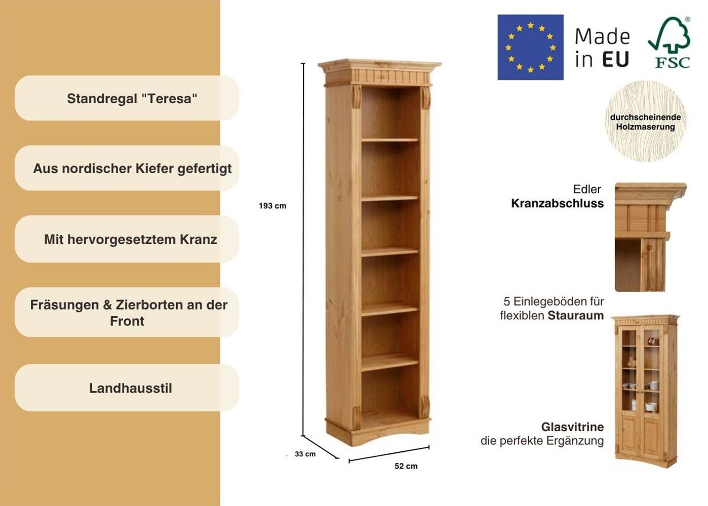 Home affaire Staand rek Teresa Hoogte 193 cm, van massief grenen, FSC®
