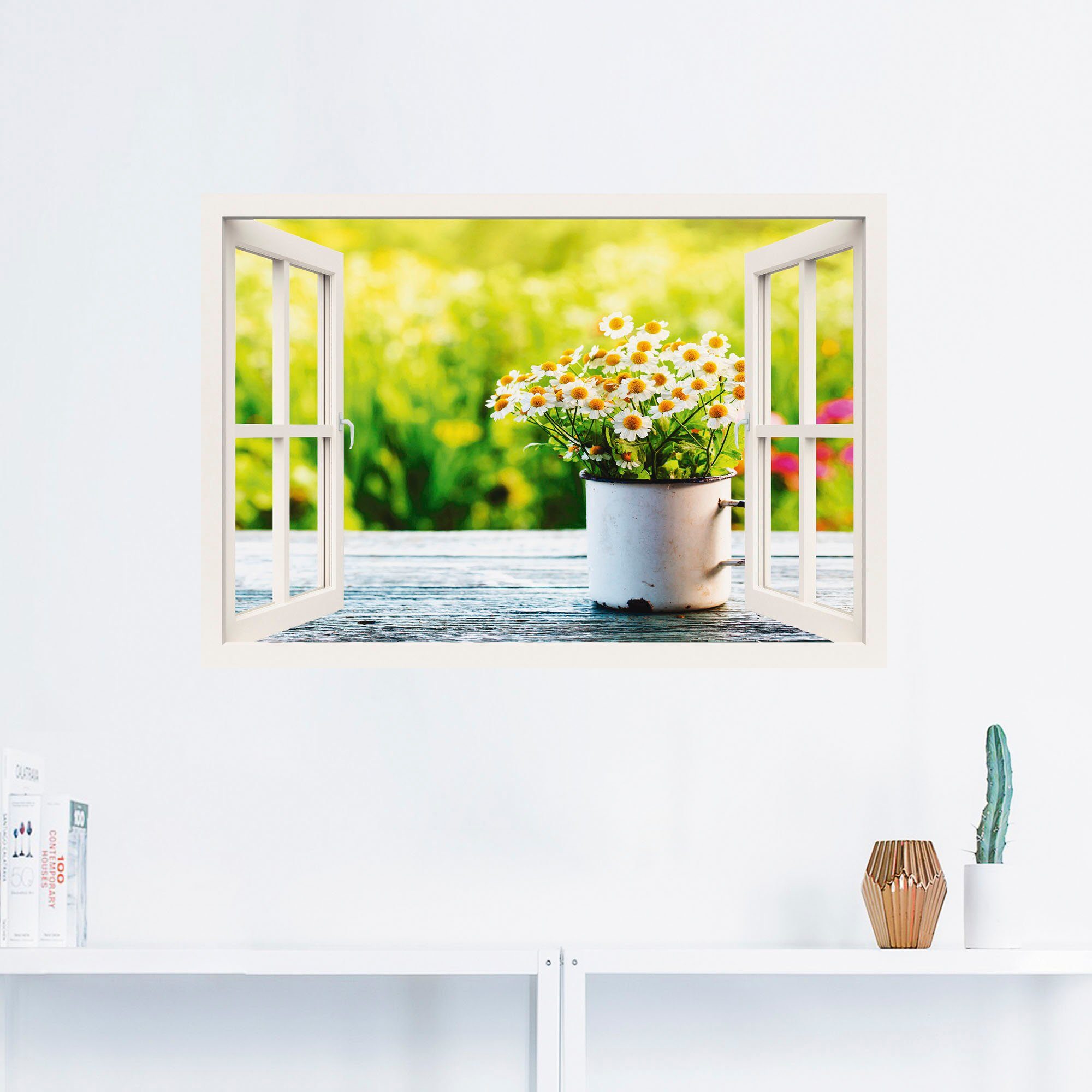 Artland Artprint Blik uit het venster tuin met madeliefje als artprint van aluminium, artprint op linnen, muursticker, verschillende maten