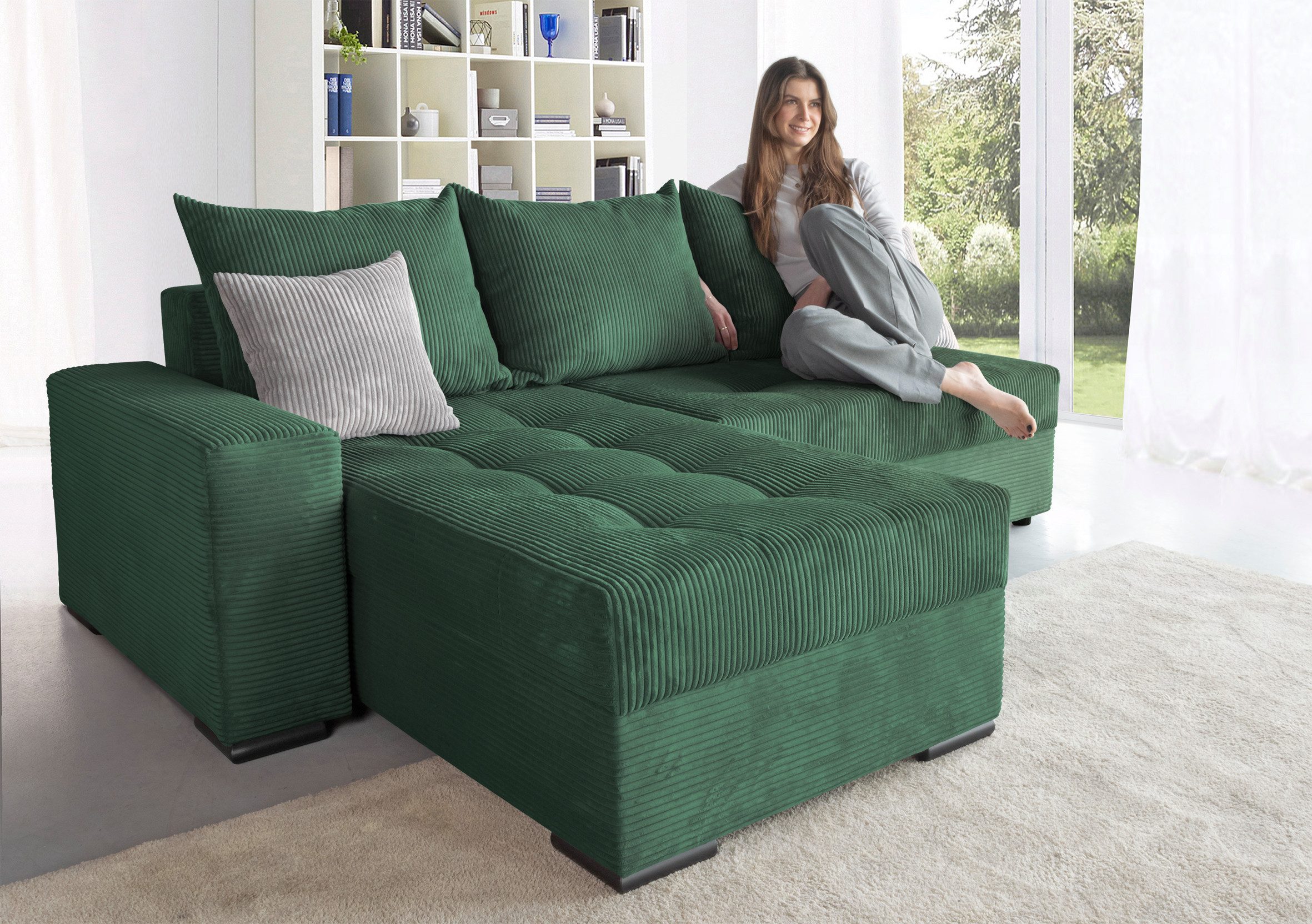 COLLECTION AB Hoekbank Josy L-vorm, breedte 214 cm, met 3 grote rugkussens groen, hoekbanken
