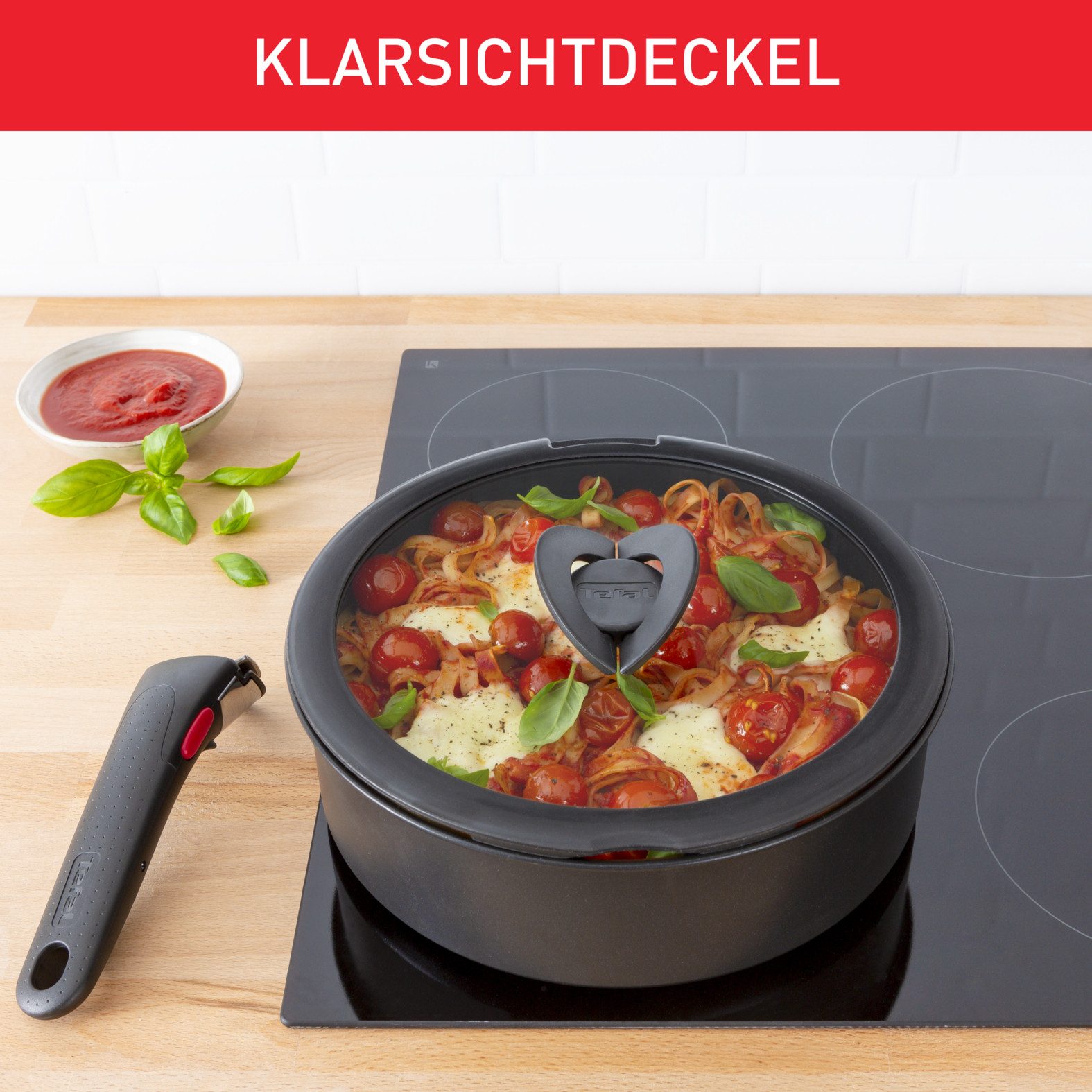 Tefal Deksel 98491 Ingenio 16/18/20 cm uitstekend voor ingenio-pannen, glazen deksel met siliconenrand, klapgrepen (set, 3-delig)
