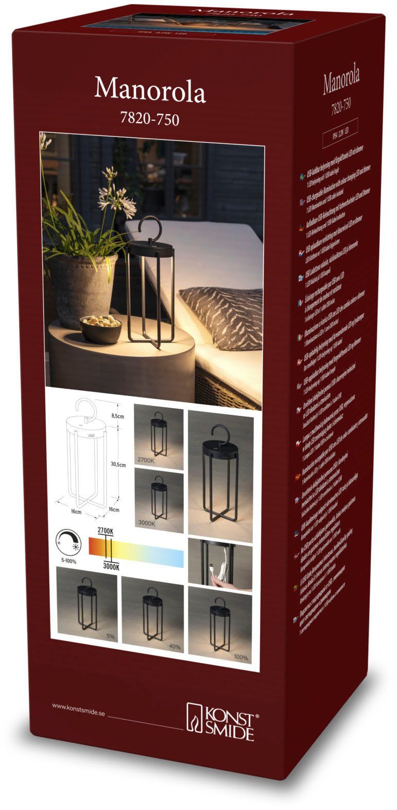 KONSTSMIDE Led lantaarn Manorola Manorola LED USB-lantaarn klein zwart, dimbaar 2700K/3000K (2 stuks)