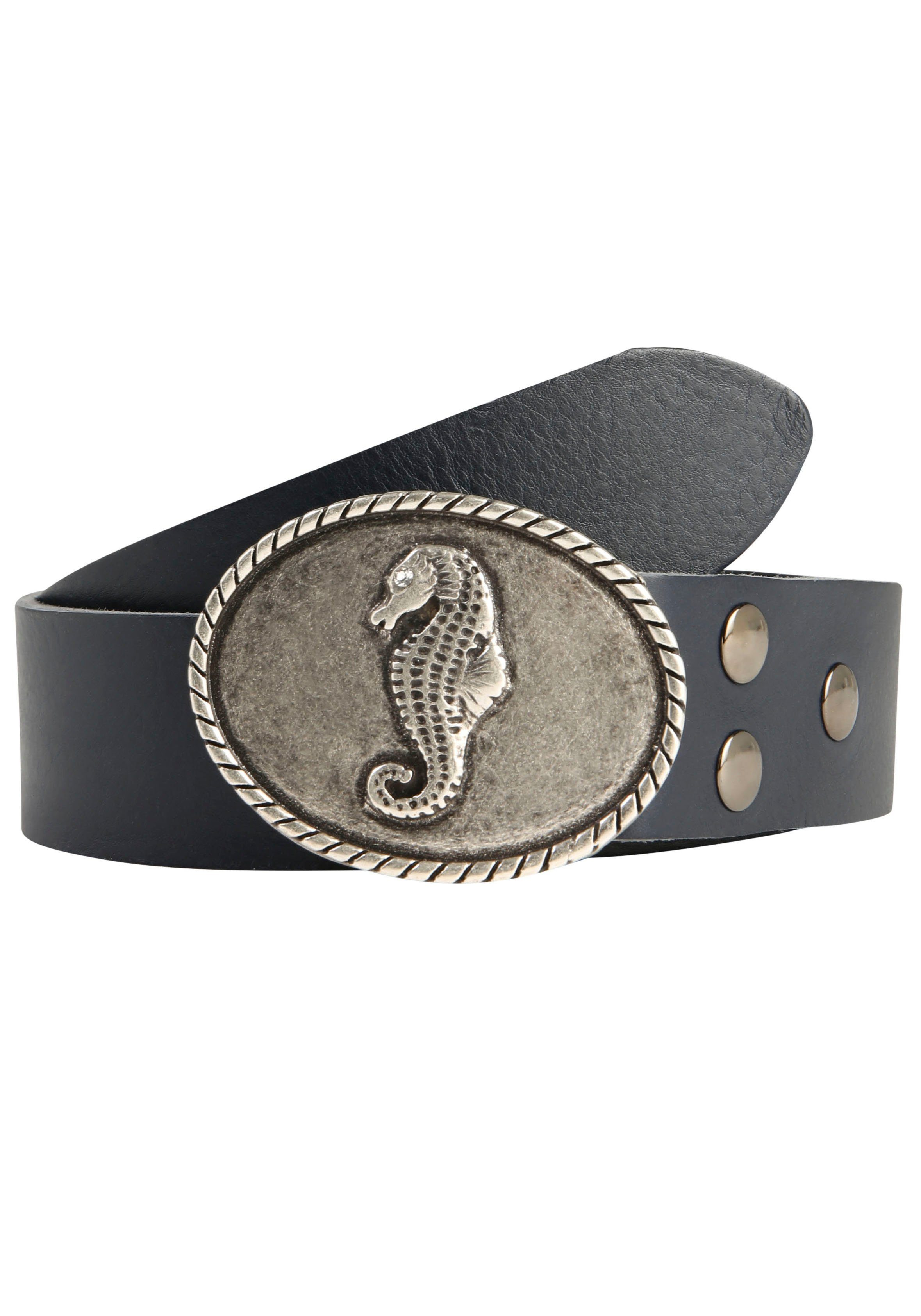 RETTUNGSRING by showroom 019° Leren riem Sluiting "Zeepaard ovaal zilver met Swarovski-kristal veredeld" dames brede riemen maat 80 blauw