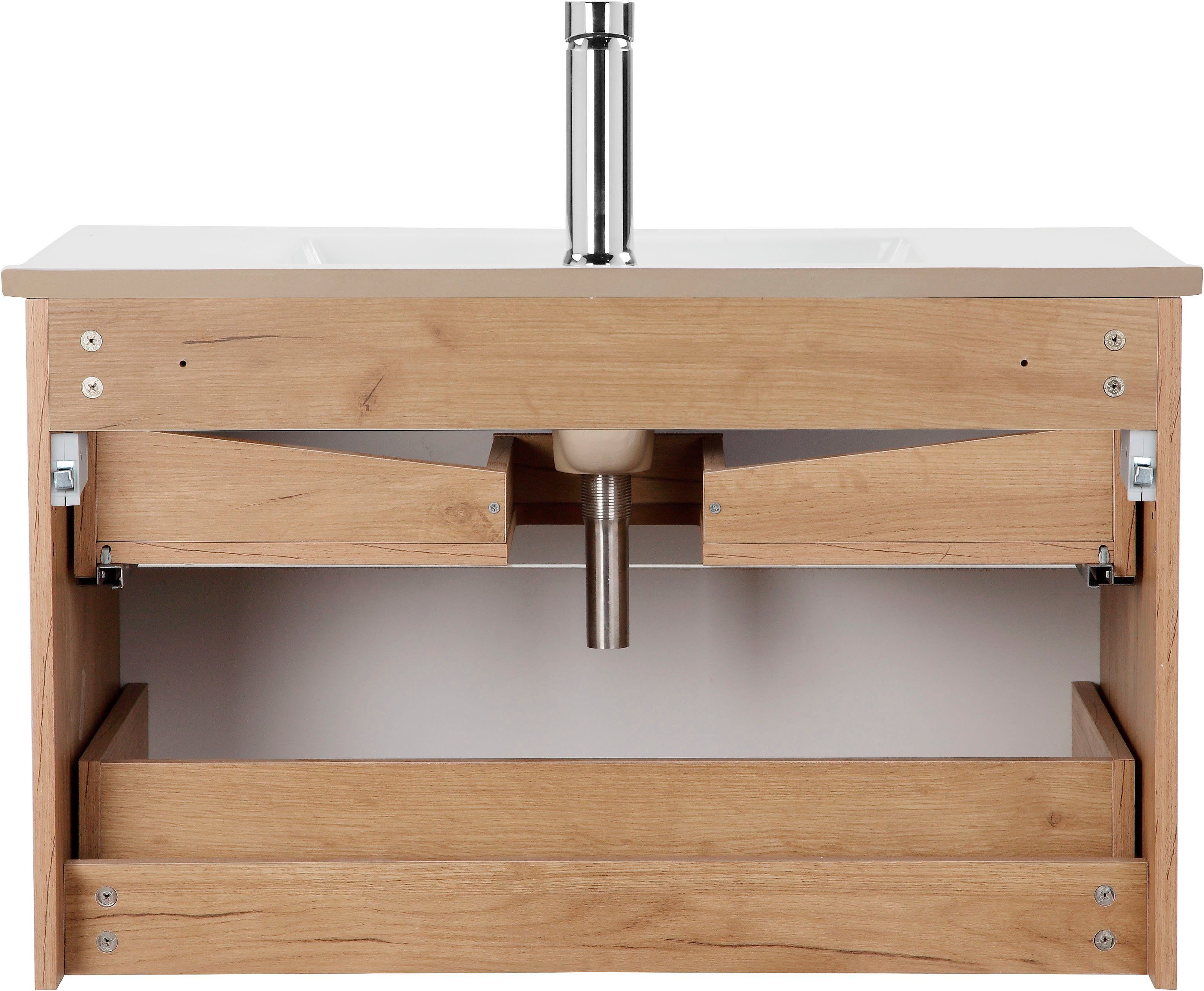 welltime Badkamerserie Lund badkamermeubelset badkamerkast badkamerset Wastafelonderkast, spiegelkast en bekken breedte 80 cm (complete set, 3-delig)
