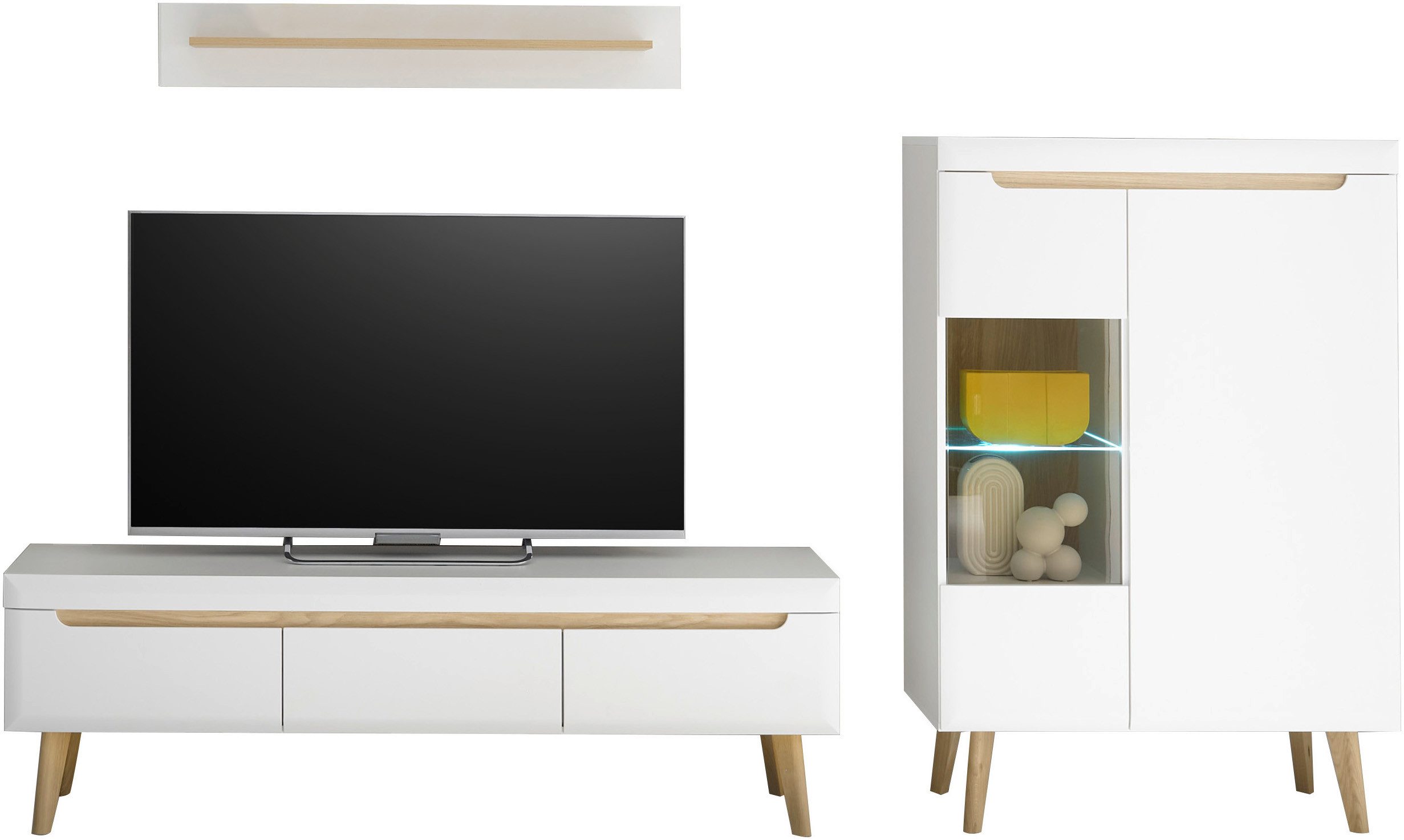 INOSIGN Wandmeubel Torge, wandmeubel, kastwand, mediawand, woonkamer-set bevat 1 vitrine, 1 lowboard + 1 wandplank, 270 cm breed (set, 3-delig)