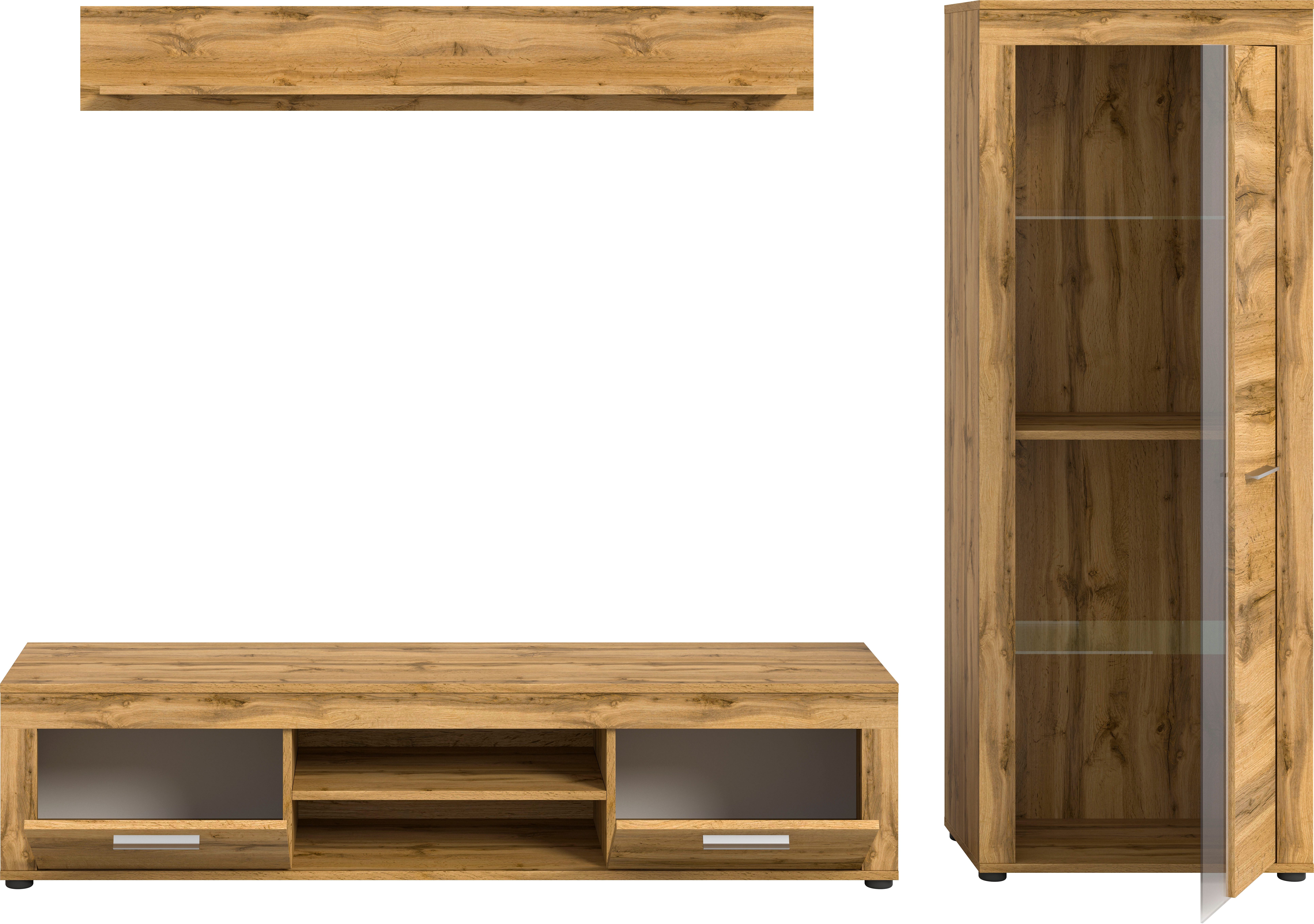 INOSIGN Wandmeubel Aosta, Breedte 235cm, bestaand uit Lowboard, Wandplank, Vitrine Woonwand, combinatie, opbouwwand, meubelset, kastwand, meubelcombi (3-delig)
