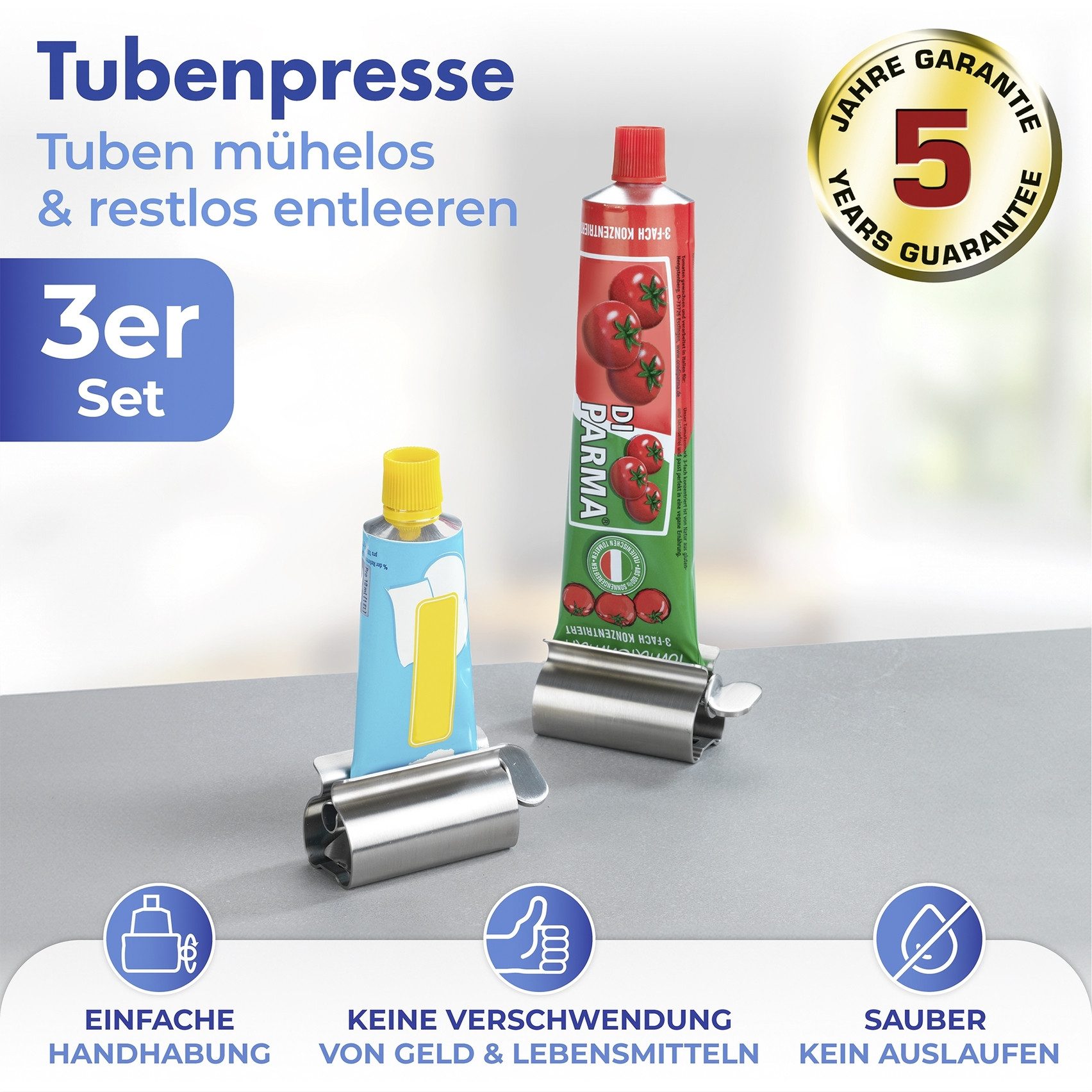 Maximex Tubeknijper Tubenpers RVS met staand functie, voor tandpasta-, crème- & voedsel tubes (set, 3 stuks)