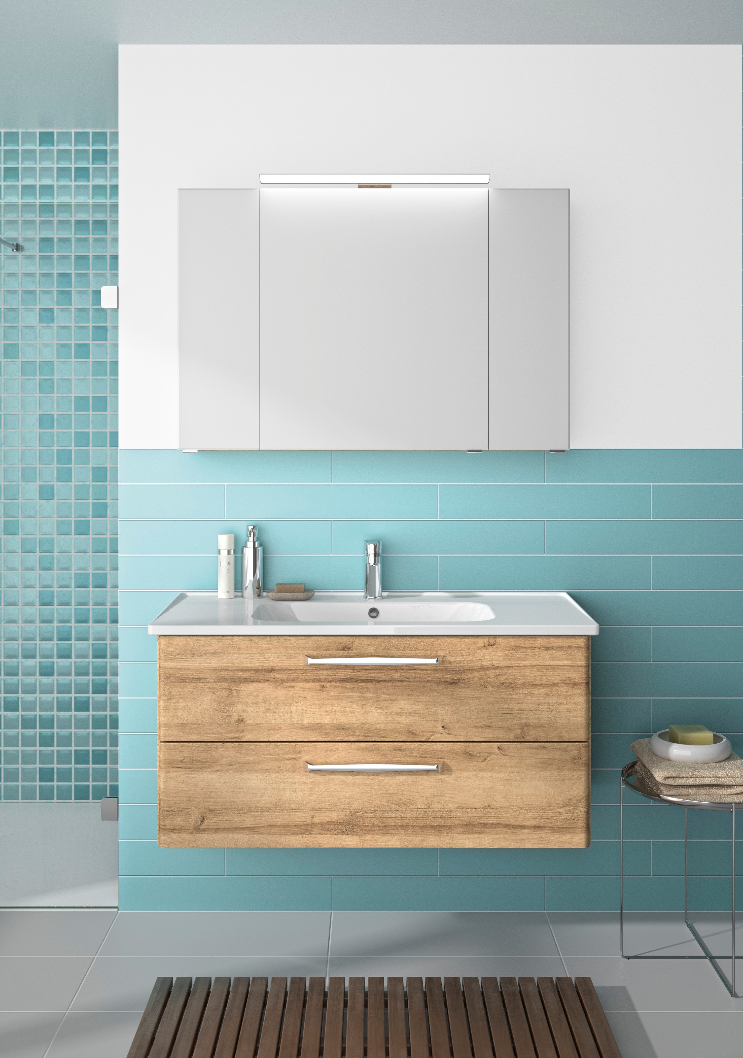 Saphir Badmeubelset Trentino 2-delig keramische wasbak, spiegelkast met LED-lamp Badkamermeubel-set 109cm breed, incl. deurdemper, 3 deuren, 2 lades (3 stuks)