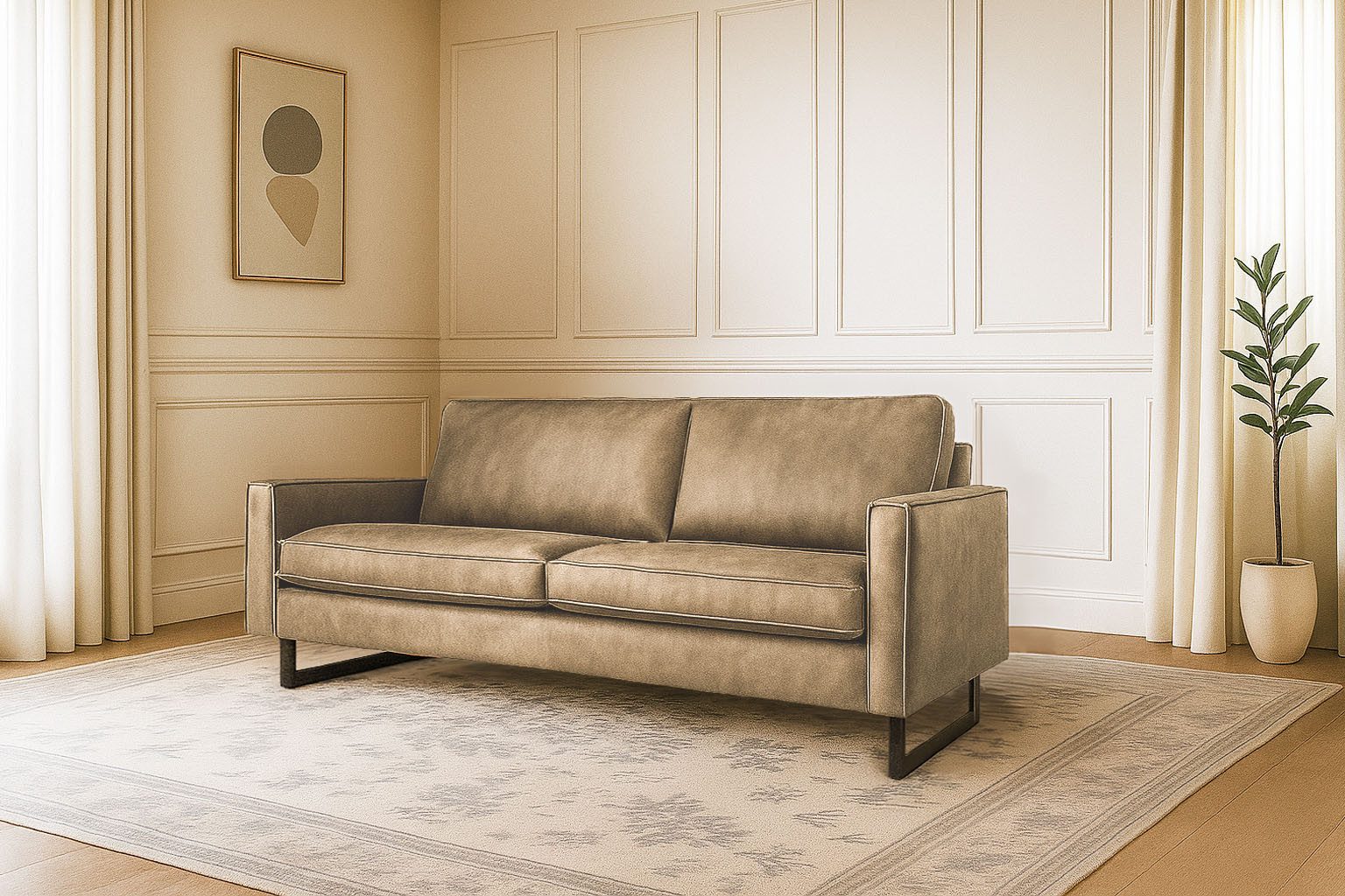 Places of Style 3-zitsbank Pinto, 206 cm, cord, chenille, leerlook met keder, zwarte metalen voeten, golfondersteuning
