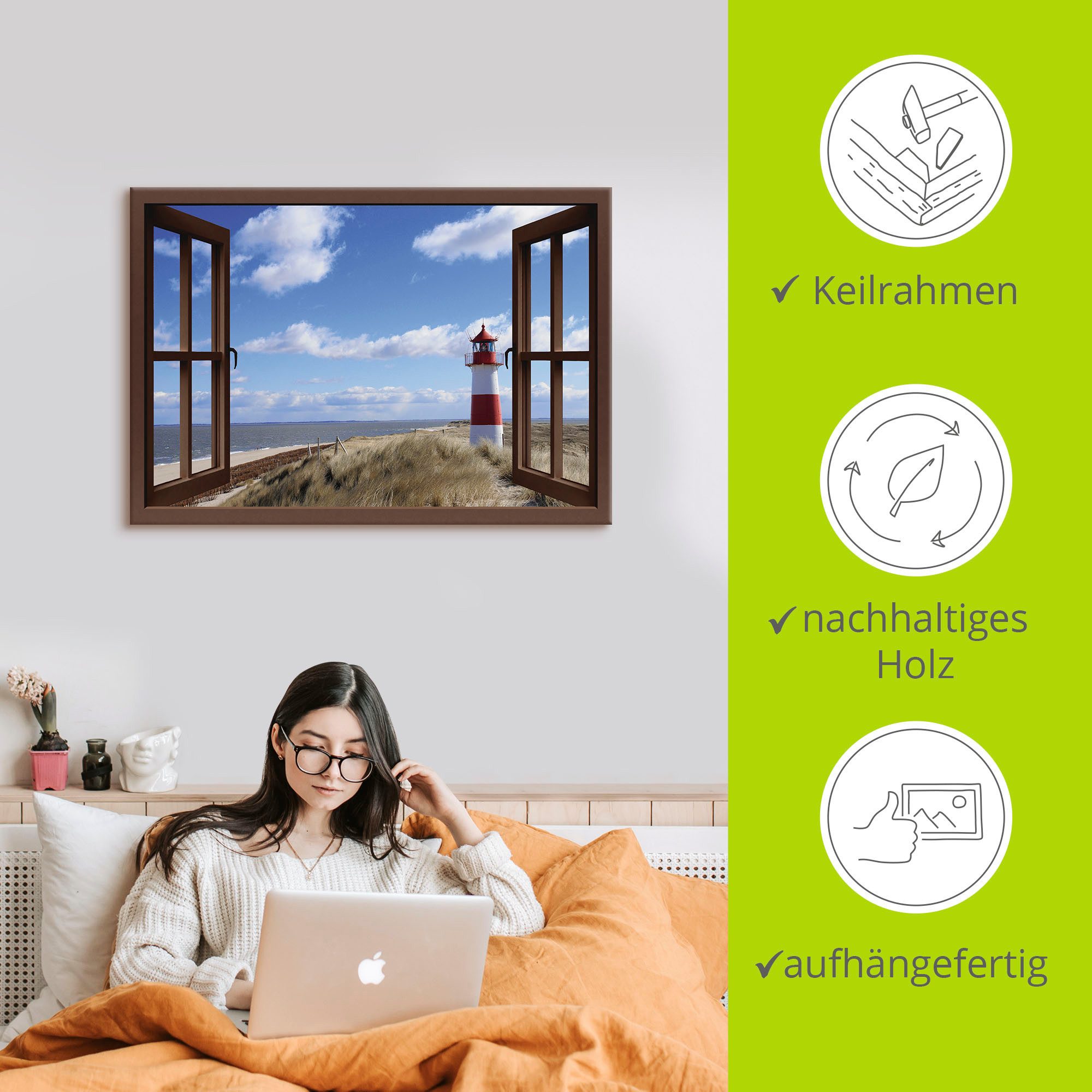 Artland Artprint Blik uit het venster - vuurtoren Sylt als artprint op linnen, poster in verschillende formaten maten