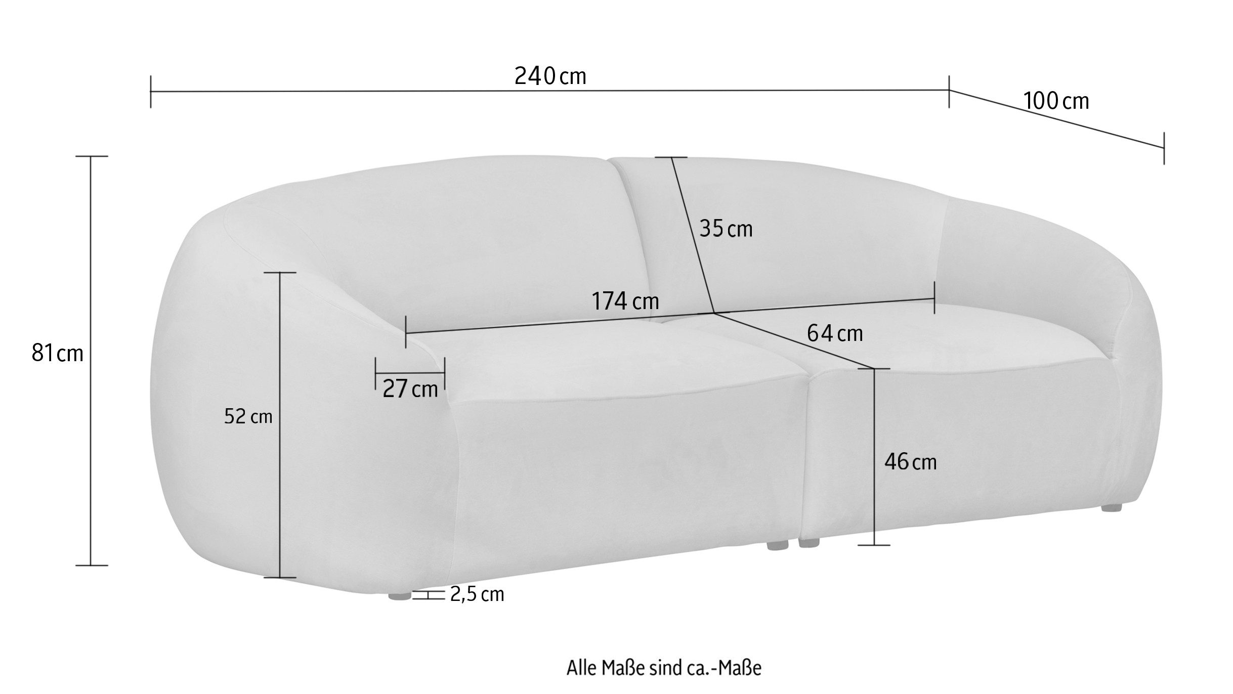 LeGer Home by Lena Gercke Megabank YANI, designbank, organische vorm, afmetingen B/D/H: 240/64/81 cm