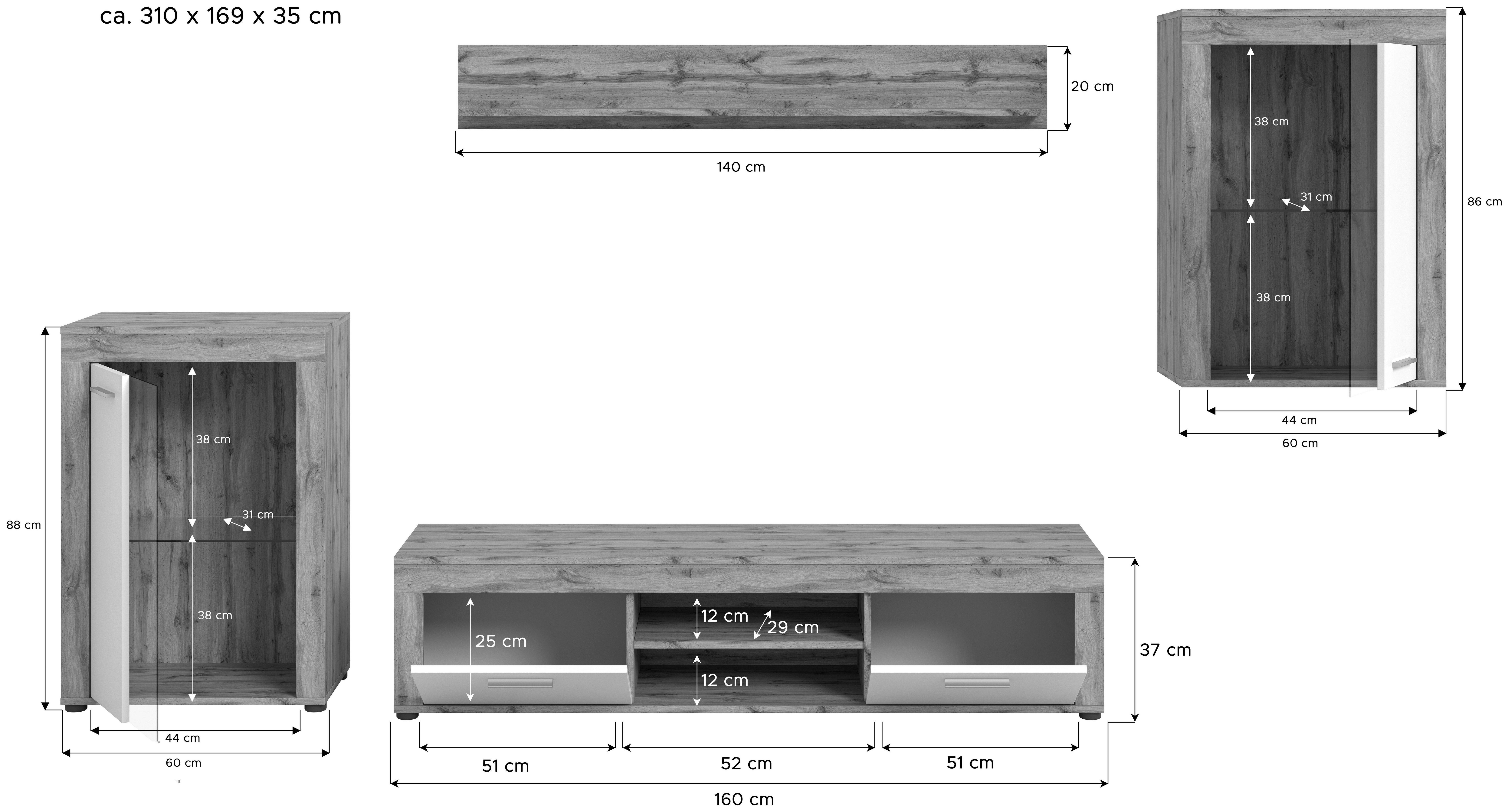 INOSIGN Wandmeubel Aosta, 4-delig, bestaande uit: 2x vitrinekast, lowboard & wandplank (4-delig)