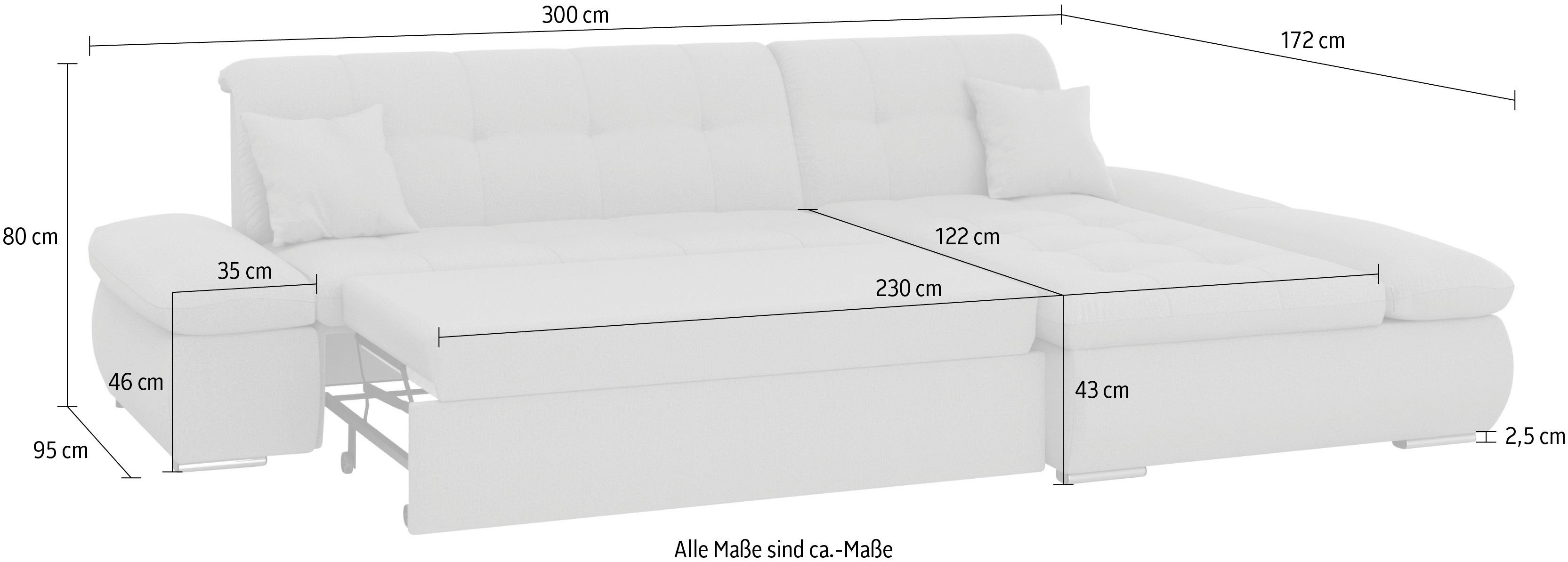 DOMO collection Hoekbank Moric bxdxh 300x172x80 cm, ook in cord, L-model XXL-formaat, optioneel ook met slaapbank functie en verstelling armleuning,