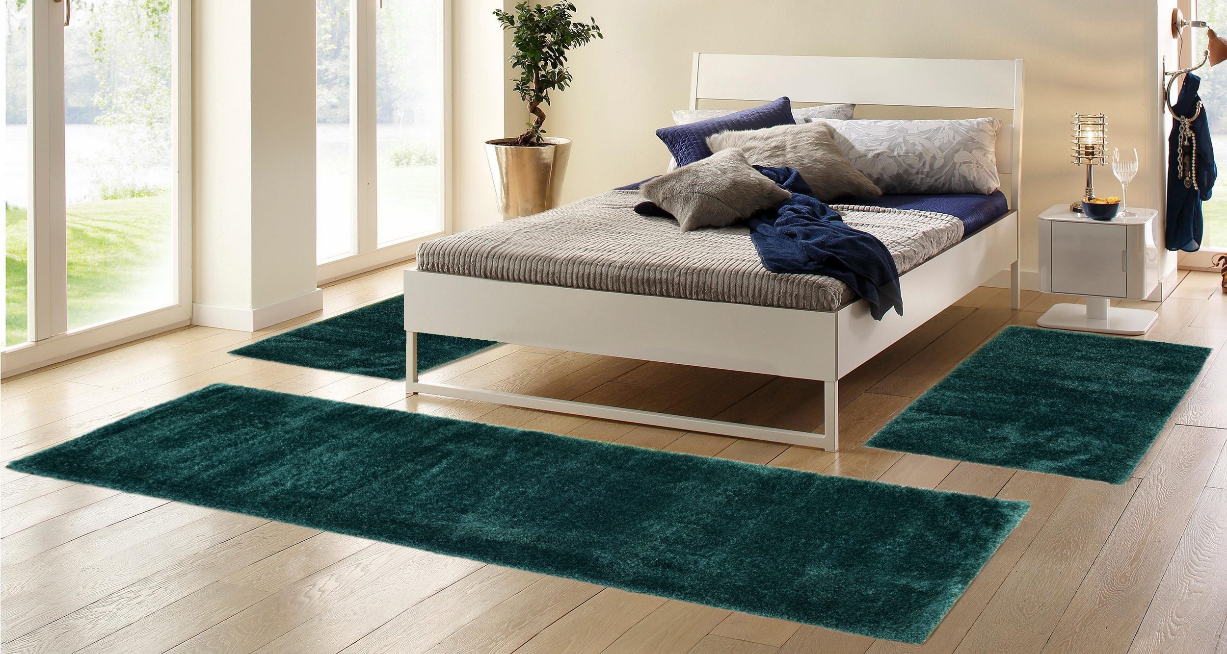 my home Set slaapkamerkleedjes Malin Hochflor, shaggy, effen kleuren, lichte glans, microvezel, onderhoudsvriendelijk