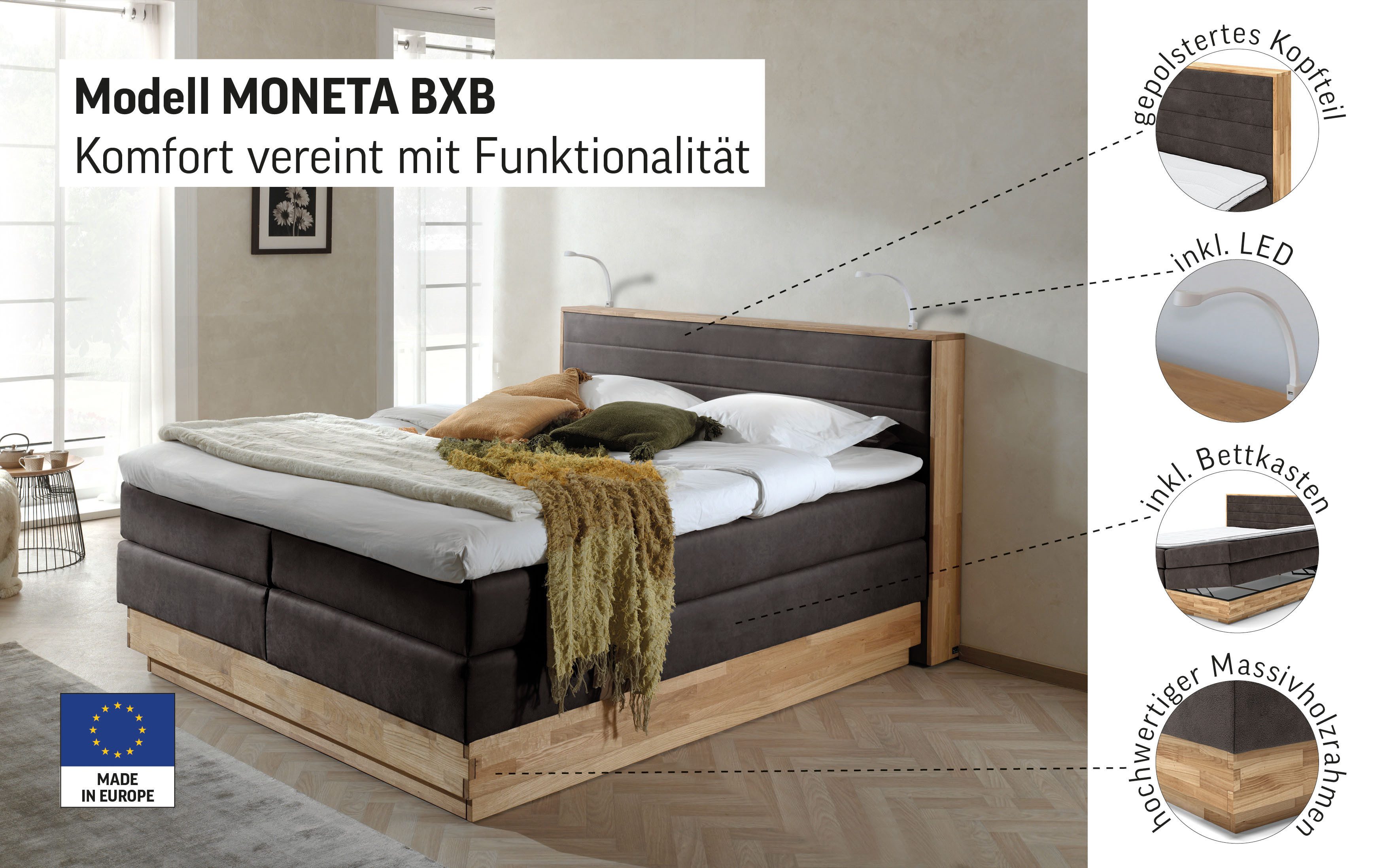 Home affaire Boxspring Cavan Eiken, met bedkist & topmatras, verschillende hardheden (ook H4)