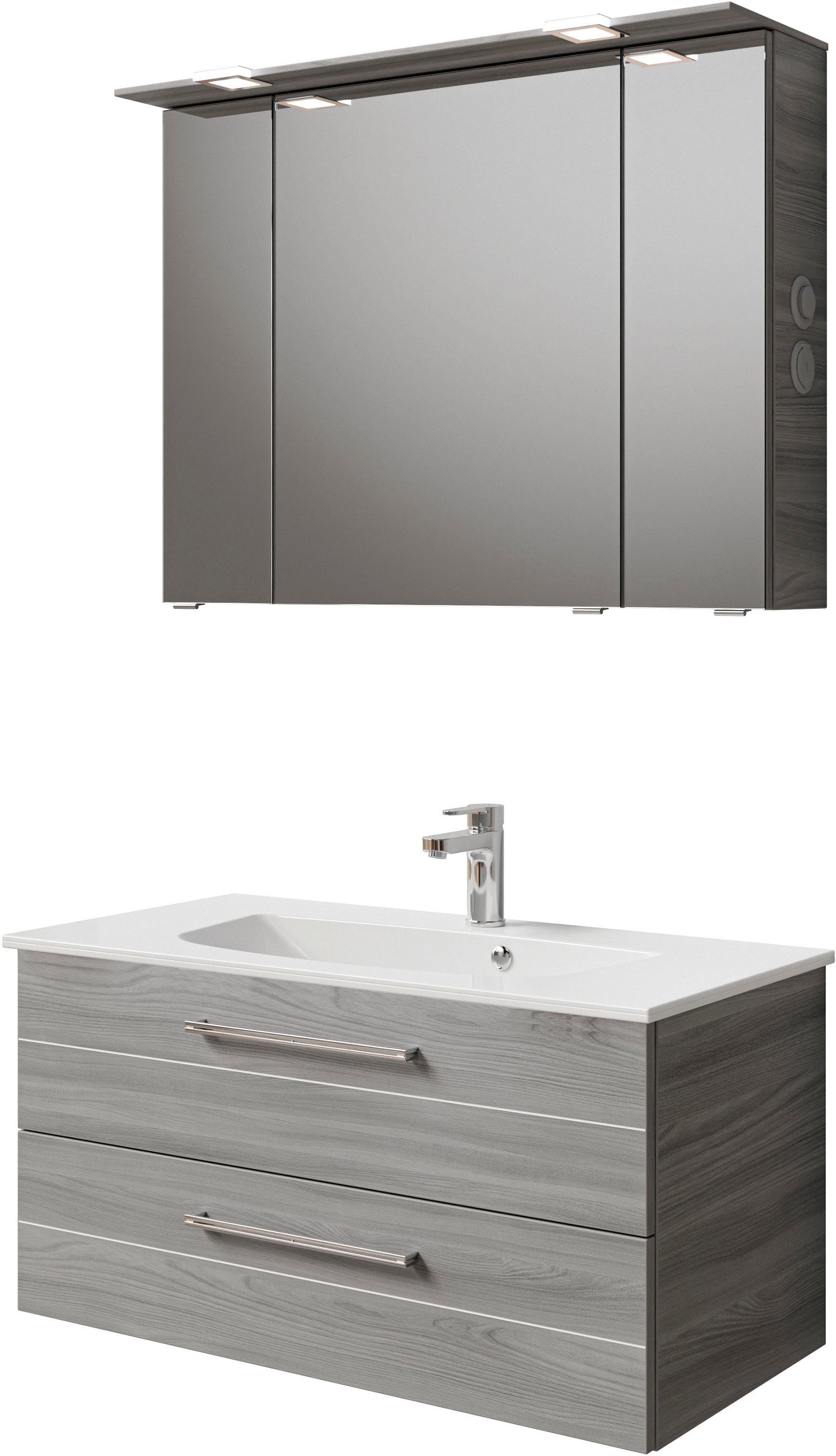 Saphir Badkamerserie Serie 6025 2-delig, mineraalmarmeren wastafel met led-spiegelkast Wastafelmeubel 97 cm breed, 2 laden, 3 spiegeldeuren, incl.