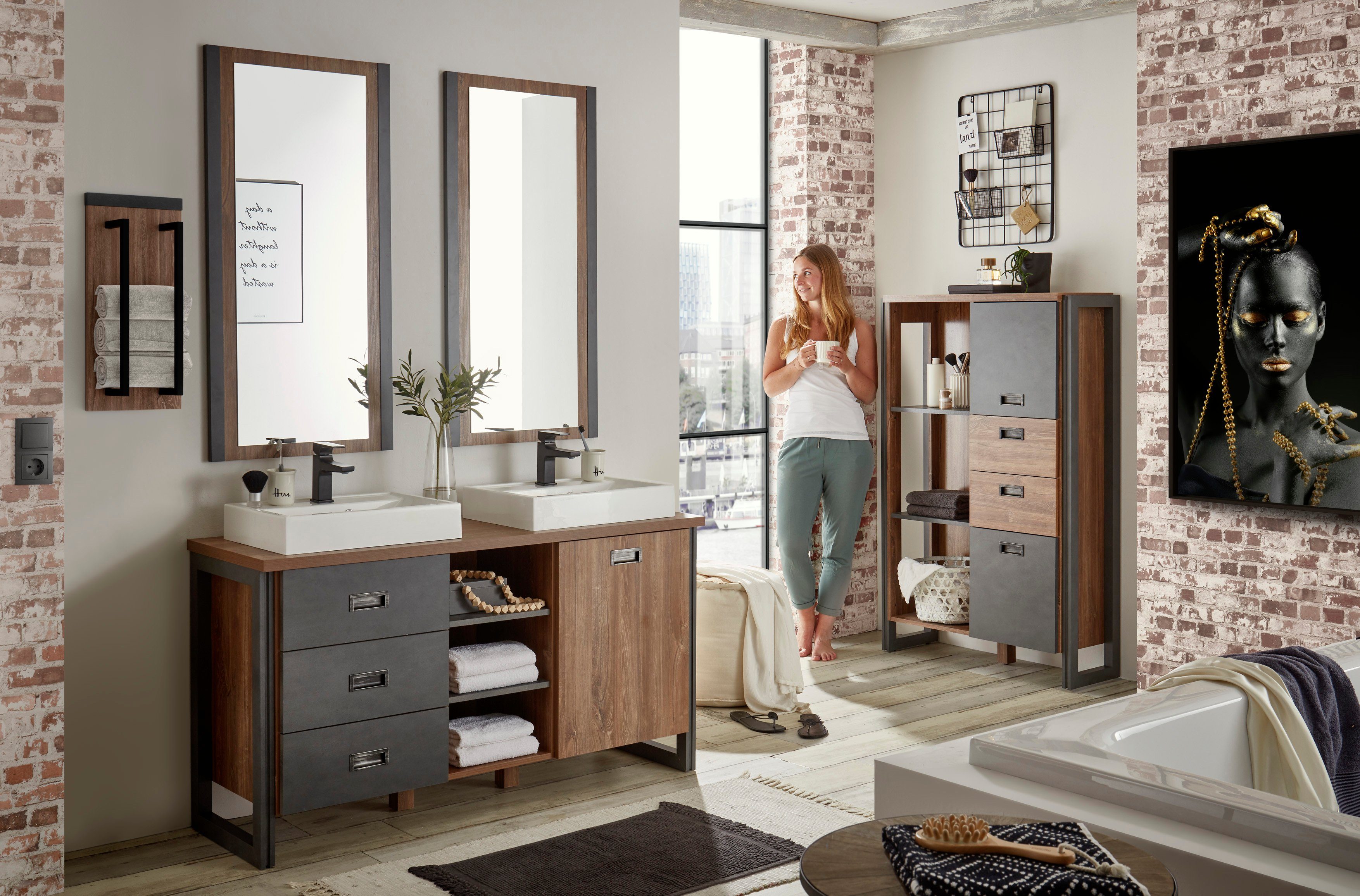 Home affaire Badkamerserie Detroit, badkamer in industriële stijl, 3-delig badkamer (set, 4-delig)