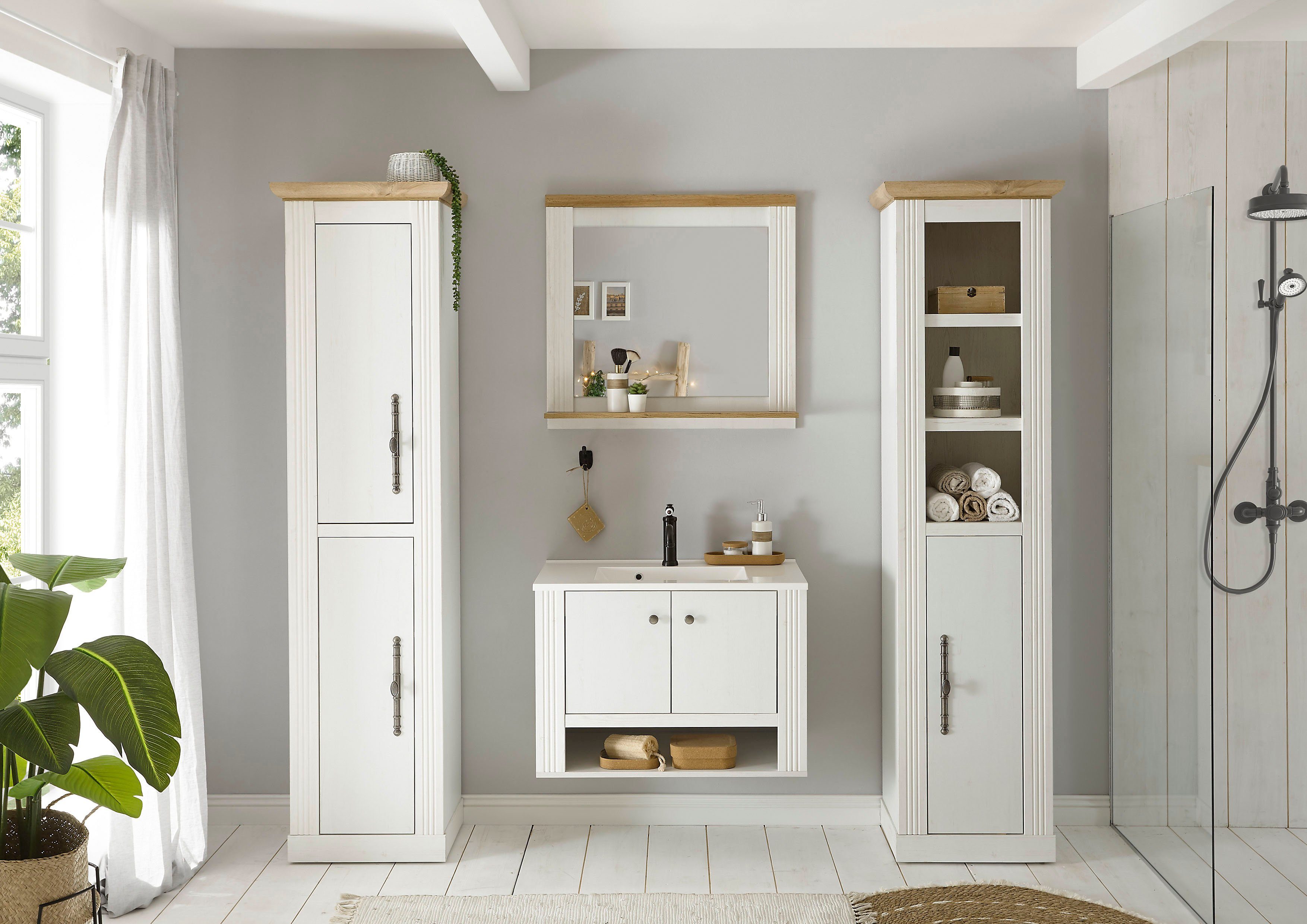 Home affaire Badkamerserie WESTMINSTER, badkamer in landhuisstijl, 4-delig badkamer Wand-wastafel, spiegel, 2 hoge kasten, in 2 kleuren, breedte 220 cm (4-delig)