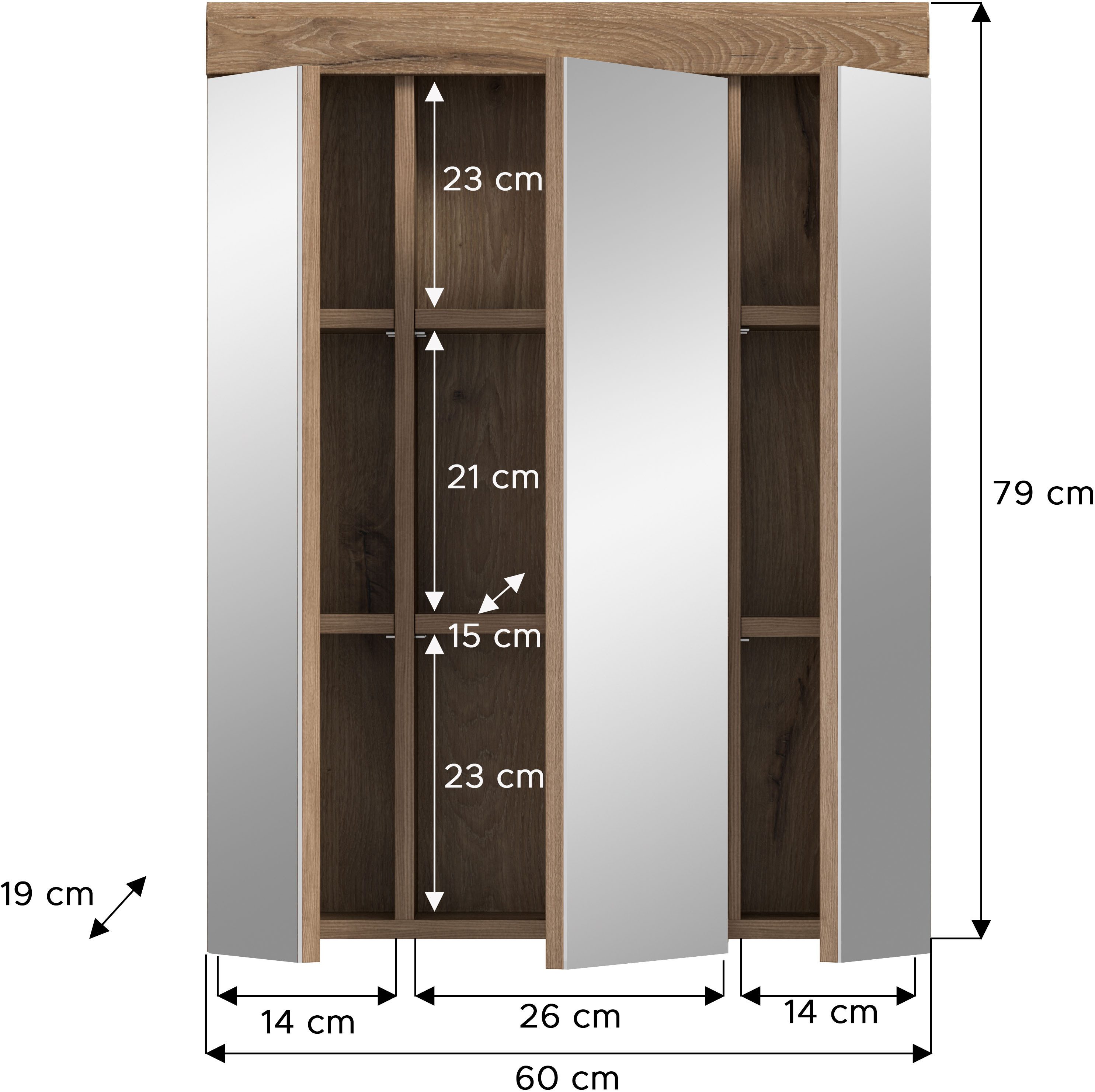 INOSIGN Badkamerspiegelkast Siena, breedte 60 cm, 3 spiegelt deuren, 9 vakken, 6 legplanken in verschillende kleuren verkrijgbaar, badkamermeubels, spiegel, badkamerkast, badkamer