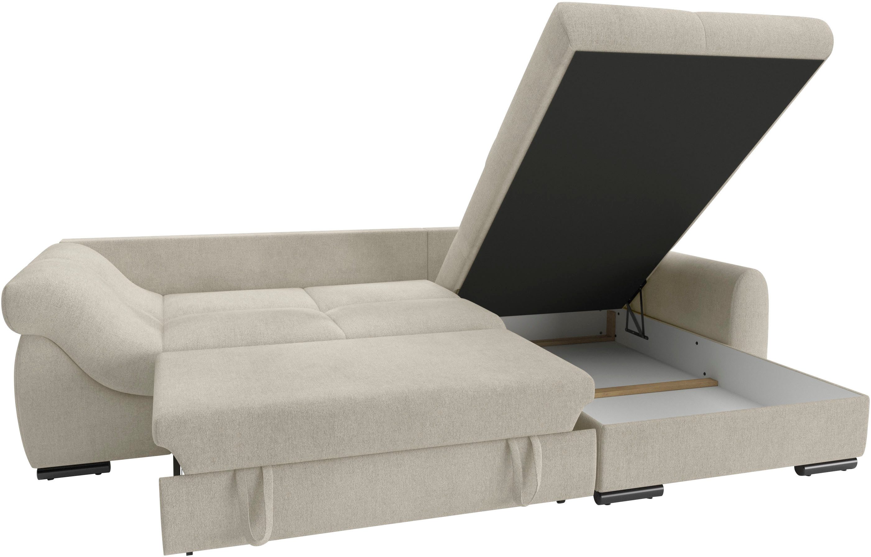 Mr. Couch Hoekbank Livorno L-vorm incl. hoogslaper beduitbreiding, xl bedbox wit gecoat