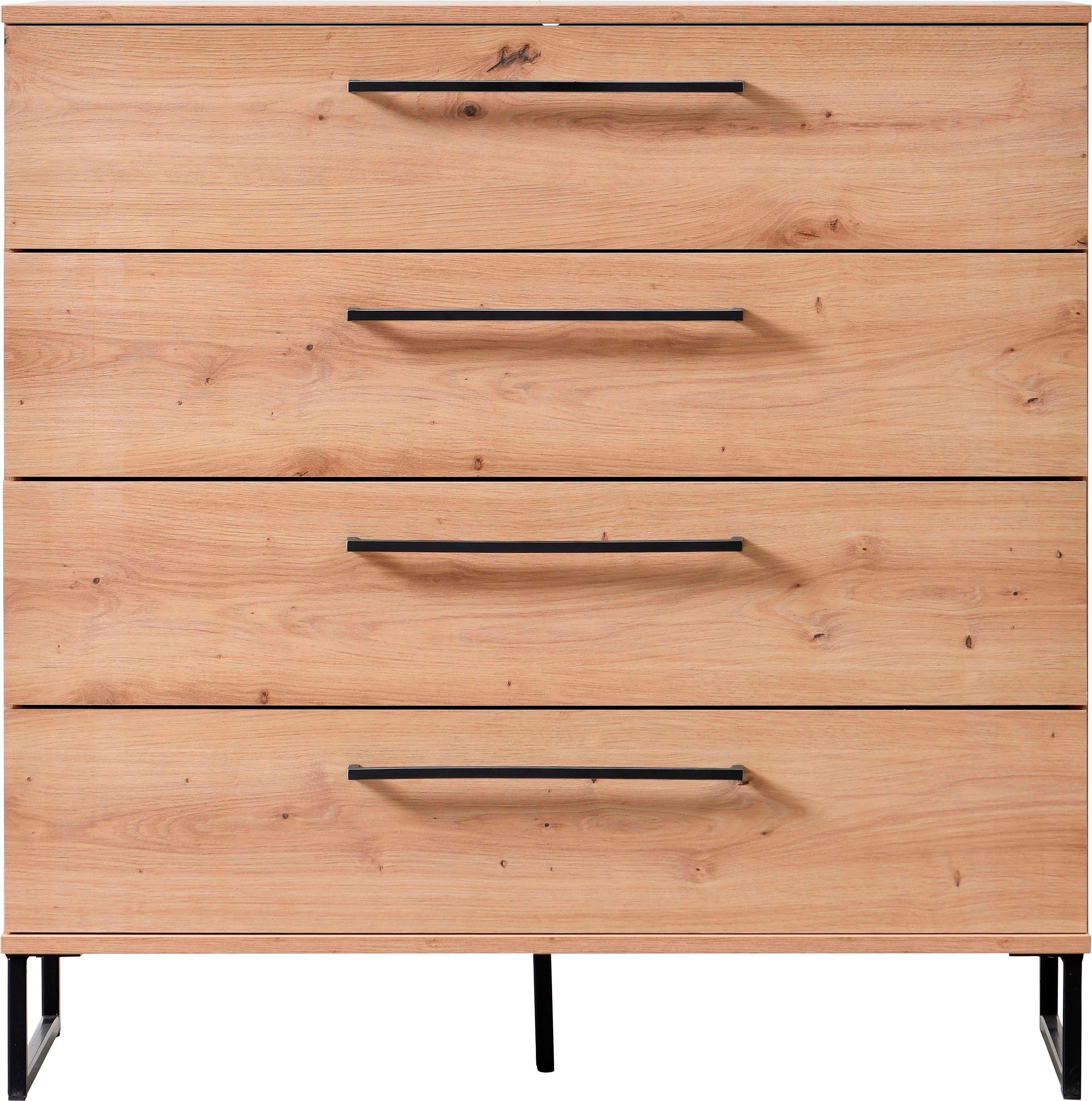 INOSIGN Ladekast Sardinië, 91x92,5x42cm, FSC® gecertificeerd houtmateriaal met 4 lades, met trendy zwarte handgrepen en metalen voeten