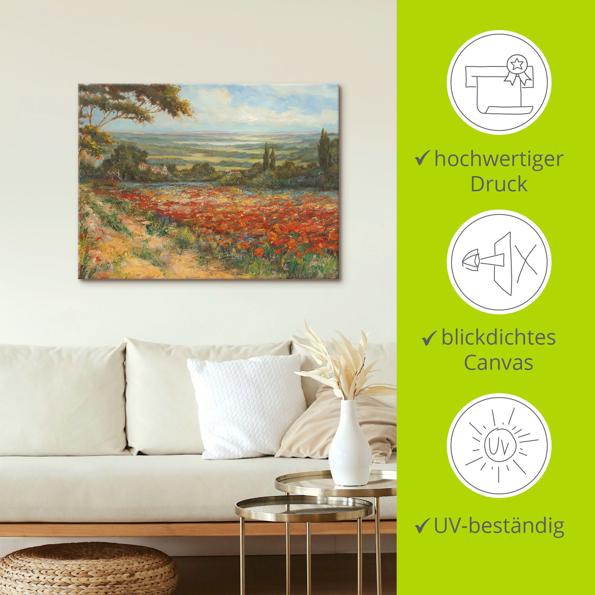 Artland Artprint Weg bij een veld klaprozen als artprint op linnen, poster in verschillende formaten maten