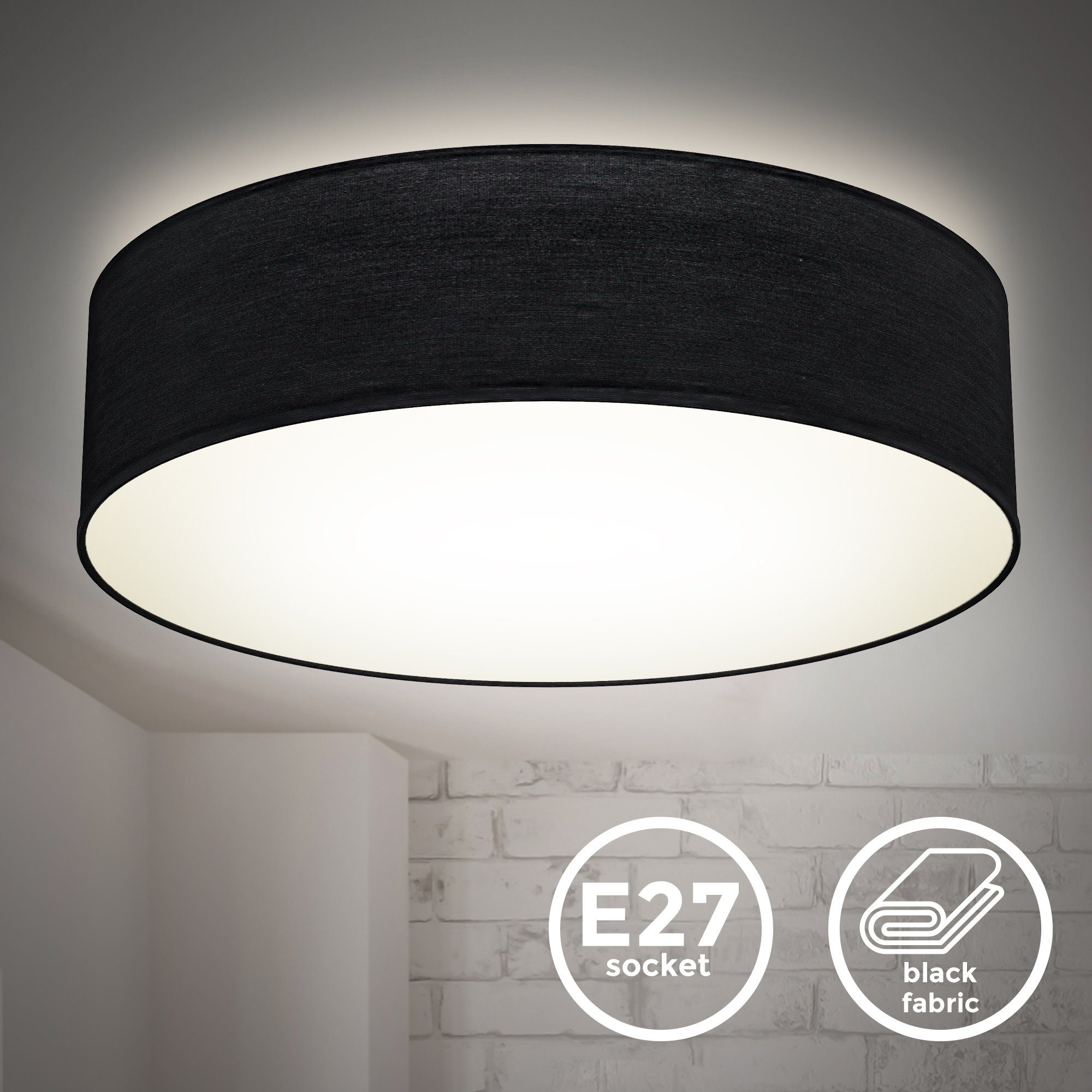 B.K.Licht Led-plafondlamp Plafondlamp, textiel lampenkap, zwart, slaapkamer, woonkamer