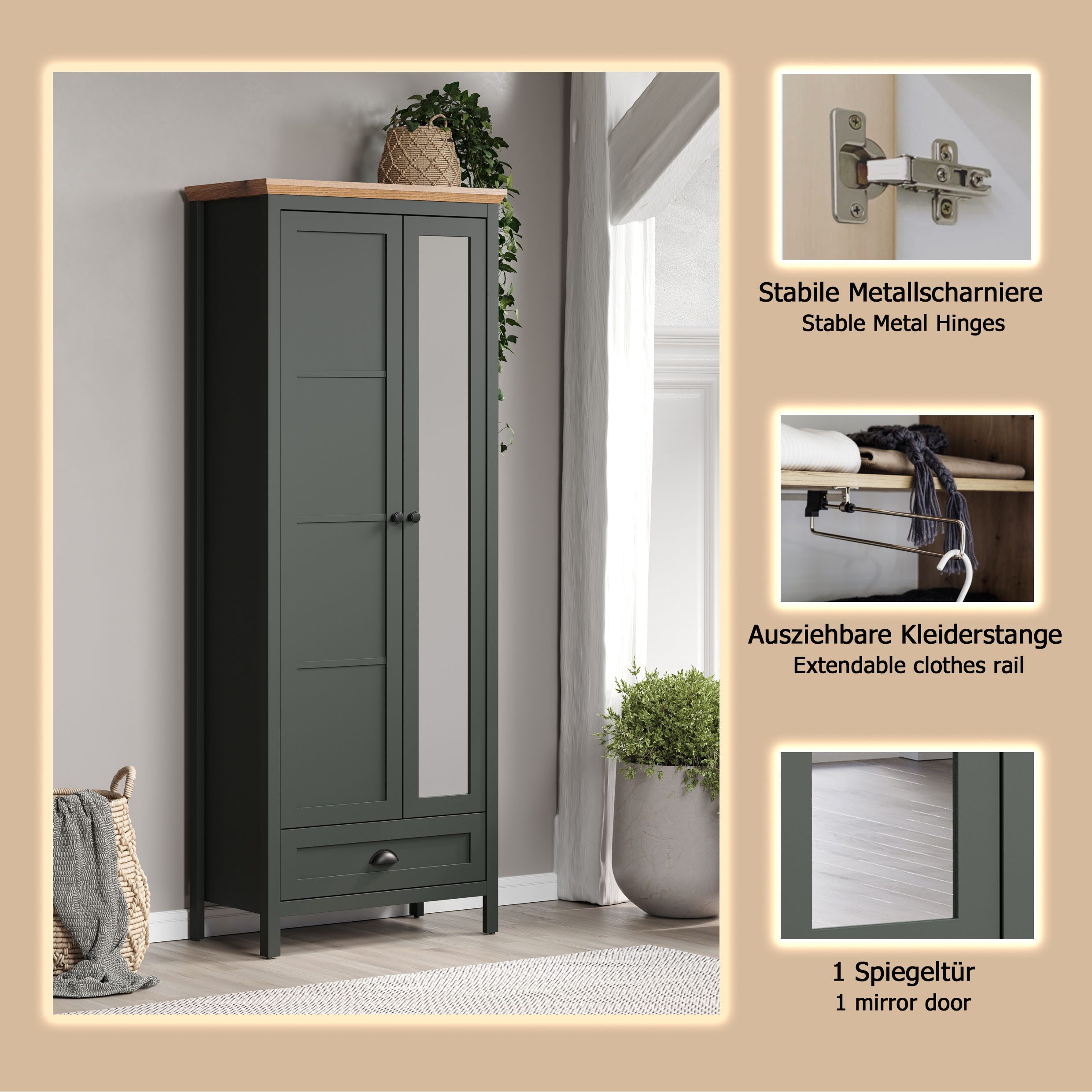Home affaire Kledingkast Vienna Kledingkast met uittrekbare kledingstang - (B/D/H) 77/39/198 cm (1 stuk)