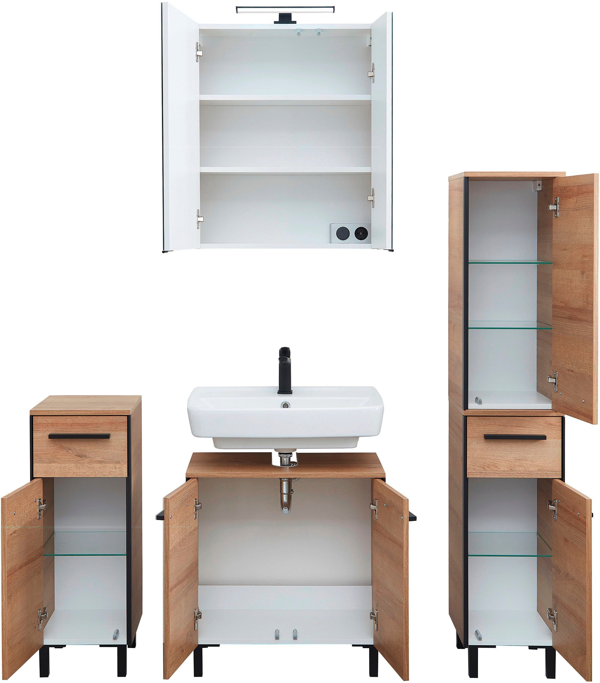 Saphir Badkamerserie Quickset 395 4-delig, wastafelonderkast met led-spiegelkast Onderkast, halfhoge kast, inclusief deurdemper, 7 deuren, 2 laden (5-delig)