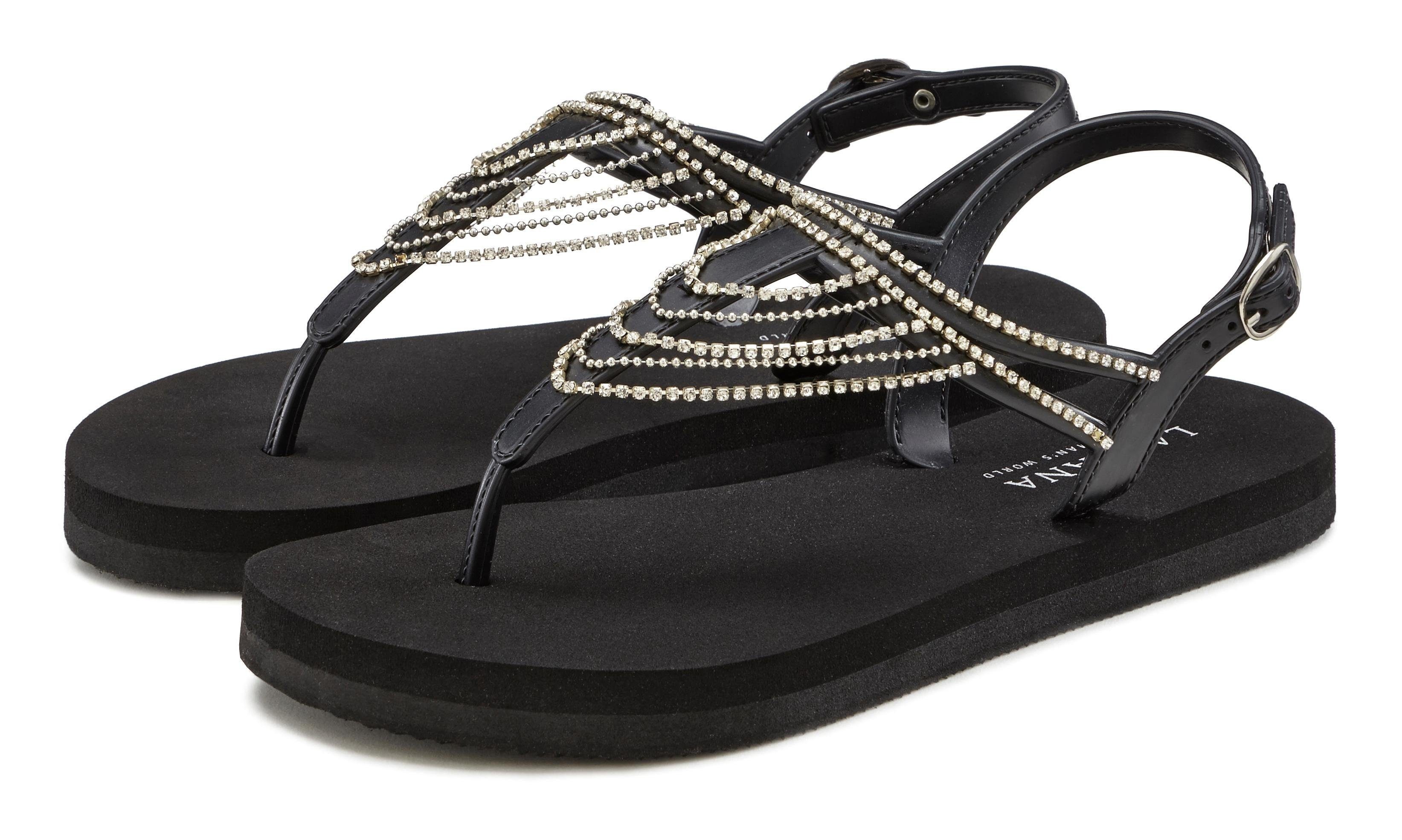 Lascana Badslippers Sandaal, badschoen, zomerschoen, teenslipper met strass-ketting VEGAN