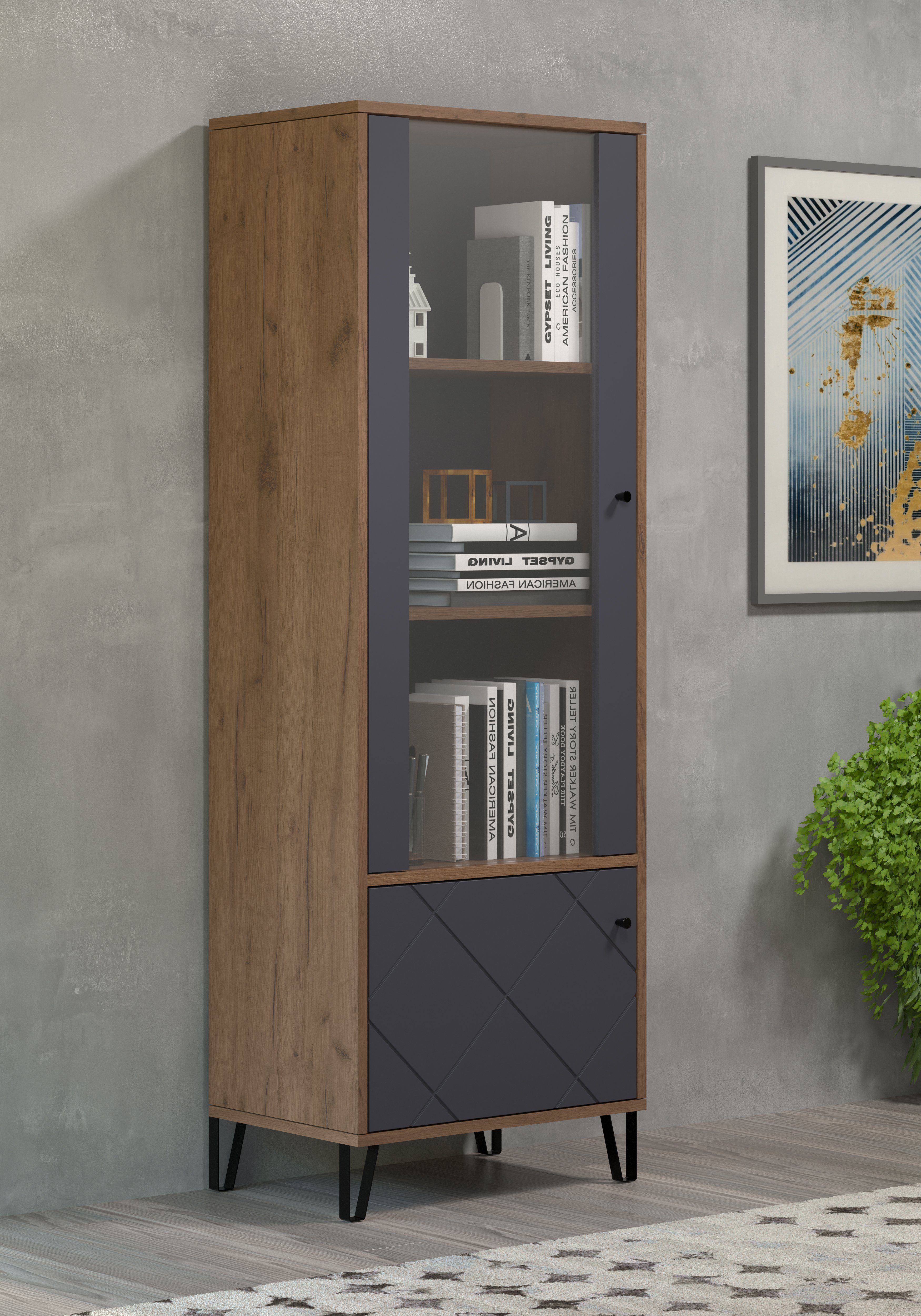 Places of Style Vitrinekast MOLVENO Woonkamer vitrine met voelbare grafiet vierkantlook - 63/40/172 cm (1 stuk)