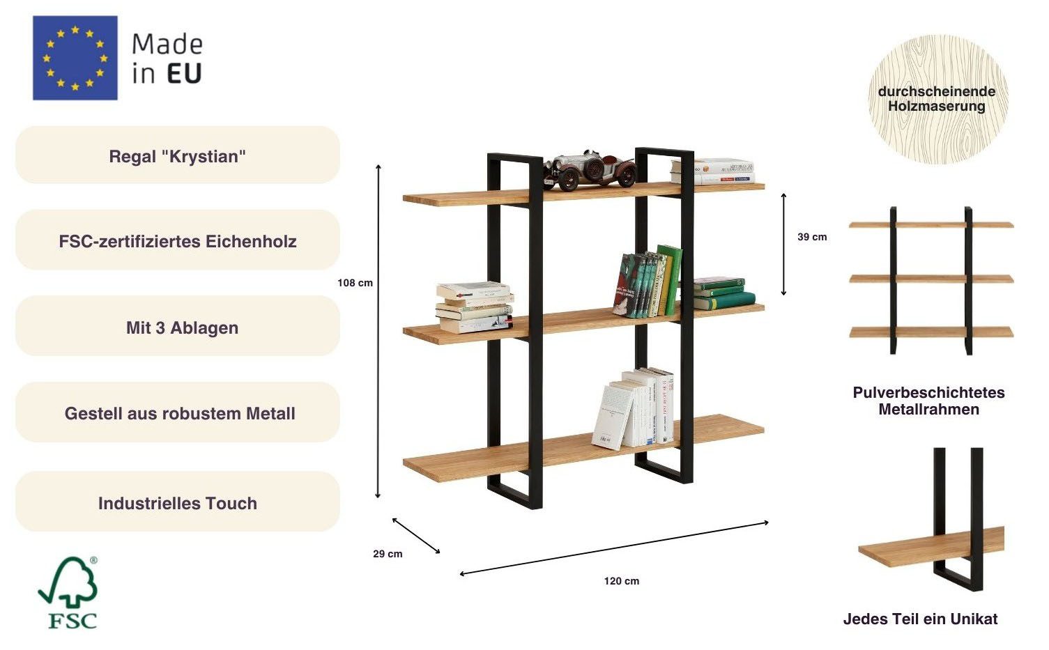 Home affaire Boekenkast Krystian rek Ruimteverdeler, legplanken van eikenhout, frame van robuust metaal