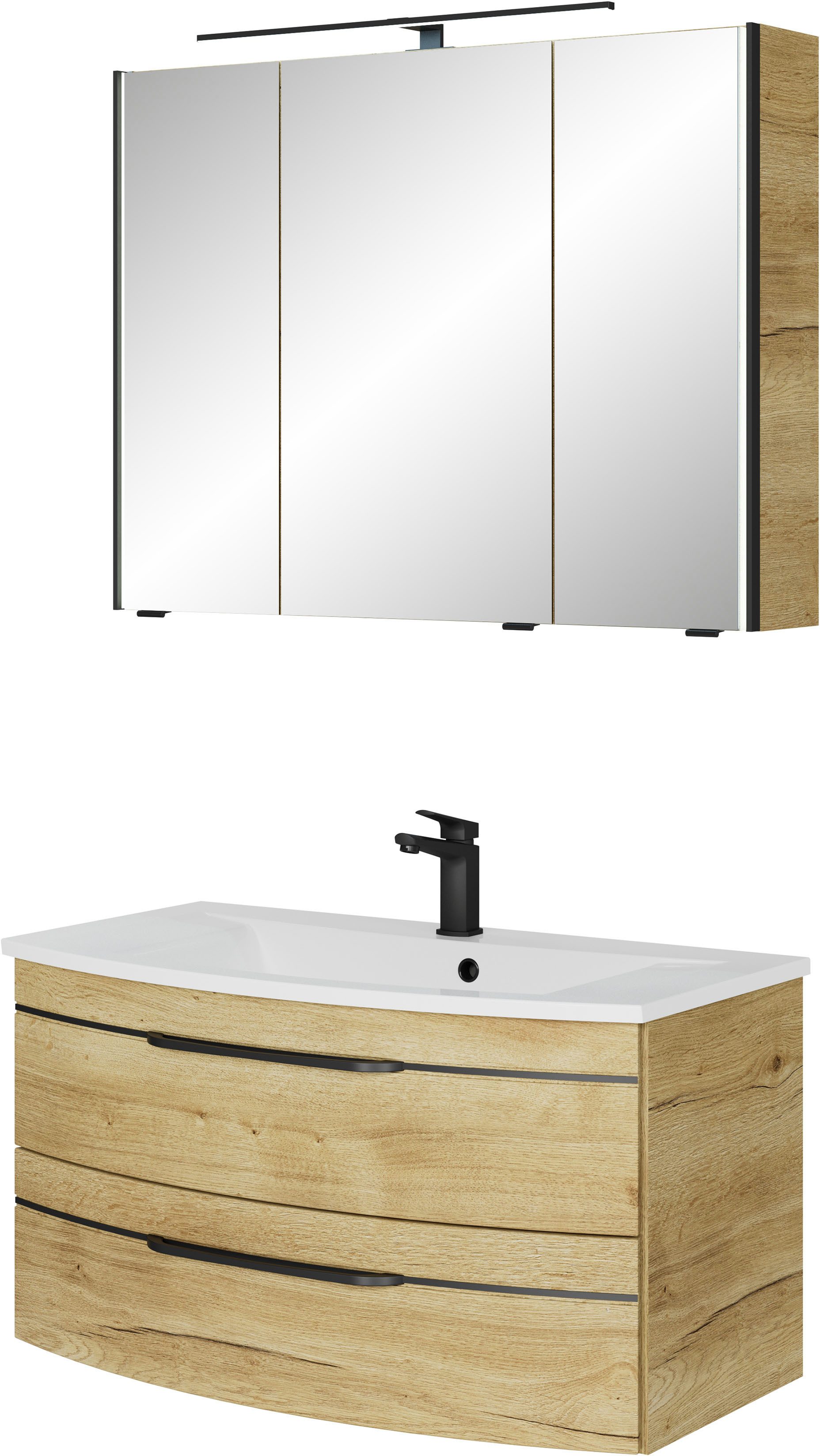 Saphir Badmeubelset Serie 7045 2-delig, mineraalmarmeren wastafel met led-spiegelkast (set, 2 stuks) badmeubelsets bruin
