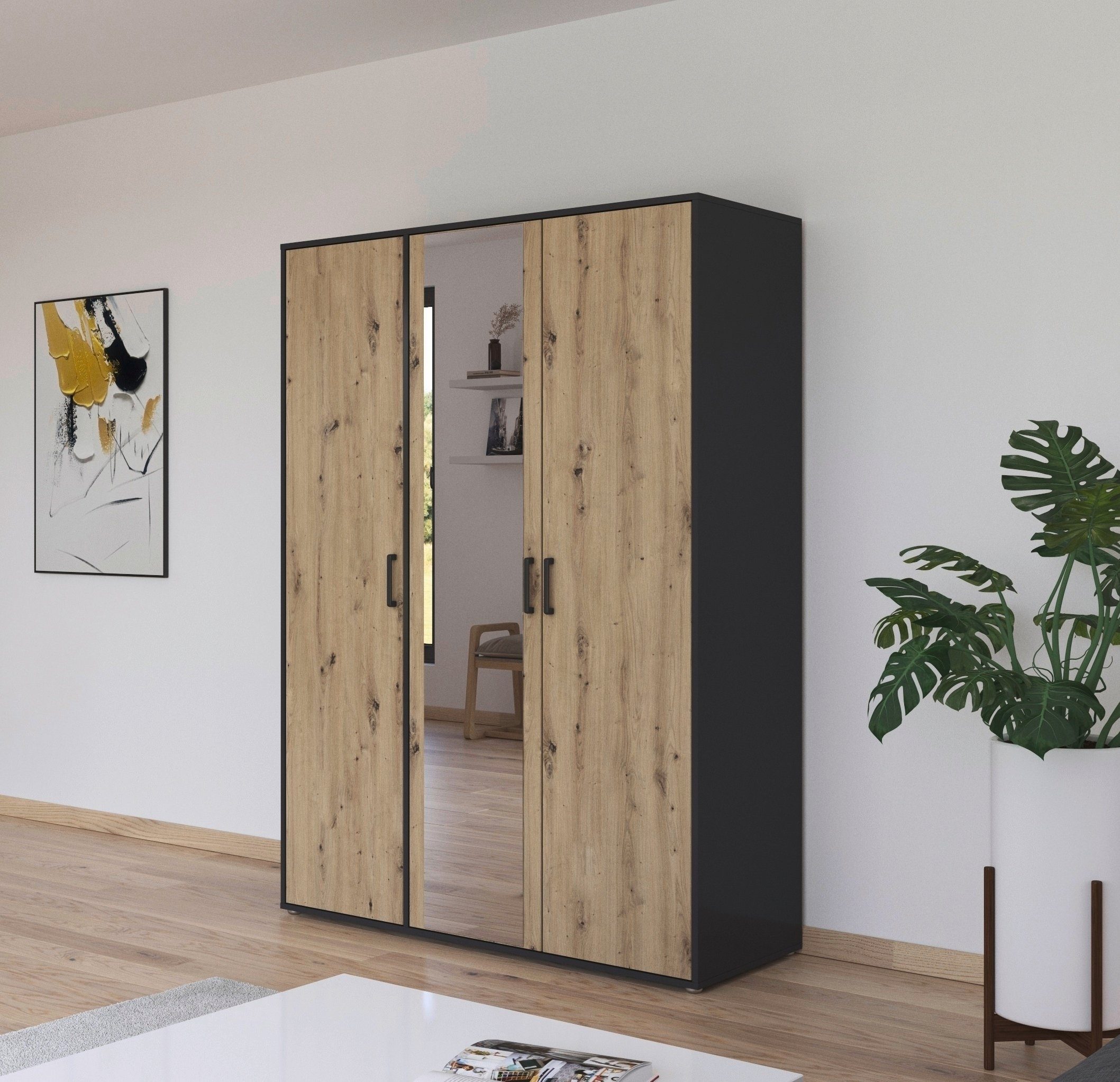 rauch Draaideurkast Voyager met moderne grepen in grijs-metallic en spiegel
