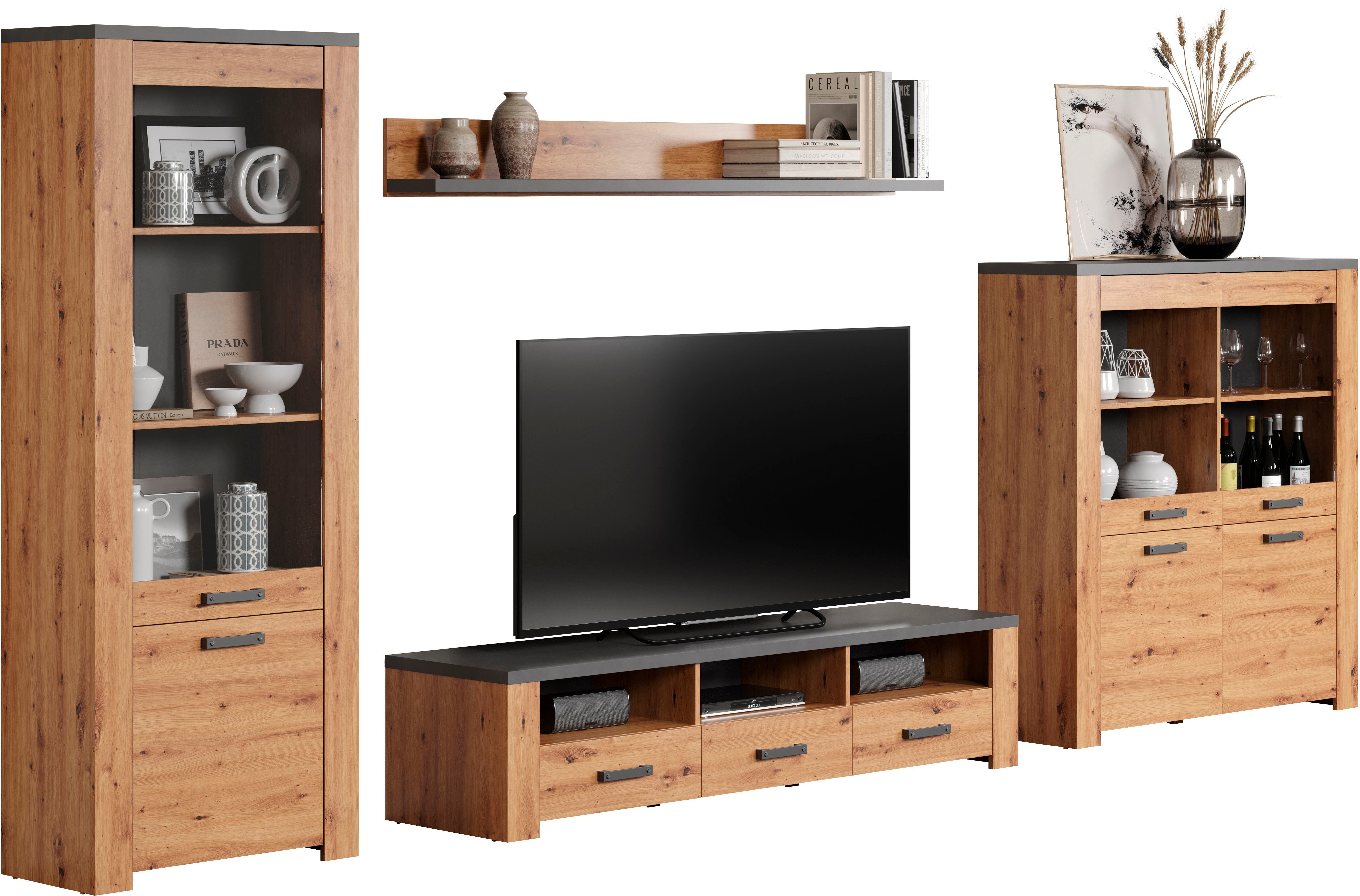 Home affaire Tv-wandmeubel Ambres Moderne tv-set, echt-hout-look, breedte ca. 409 cm, mat (4-delig)