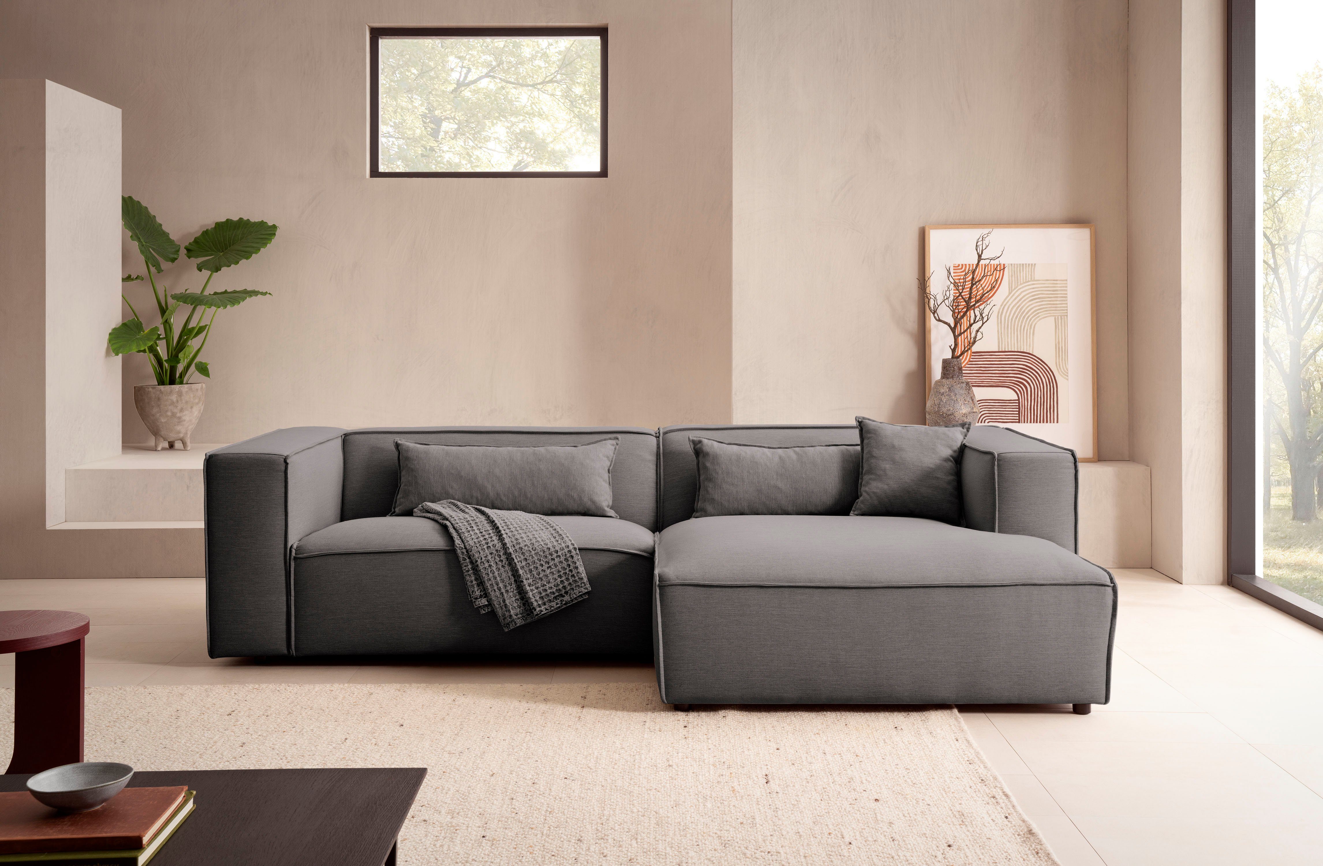 LeGer Home by Lena Gercke Hoekbank PIARA met biesnaad in cord of linnenlook, moderne bank in L-vorm keuze ottomaan rechts/links, zwarte voeten, comfortabel zitcomfort
