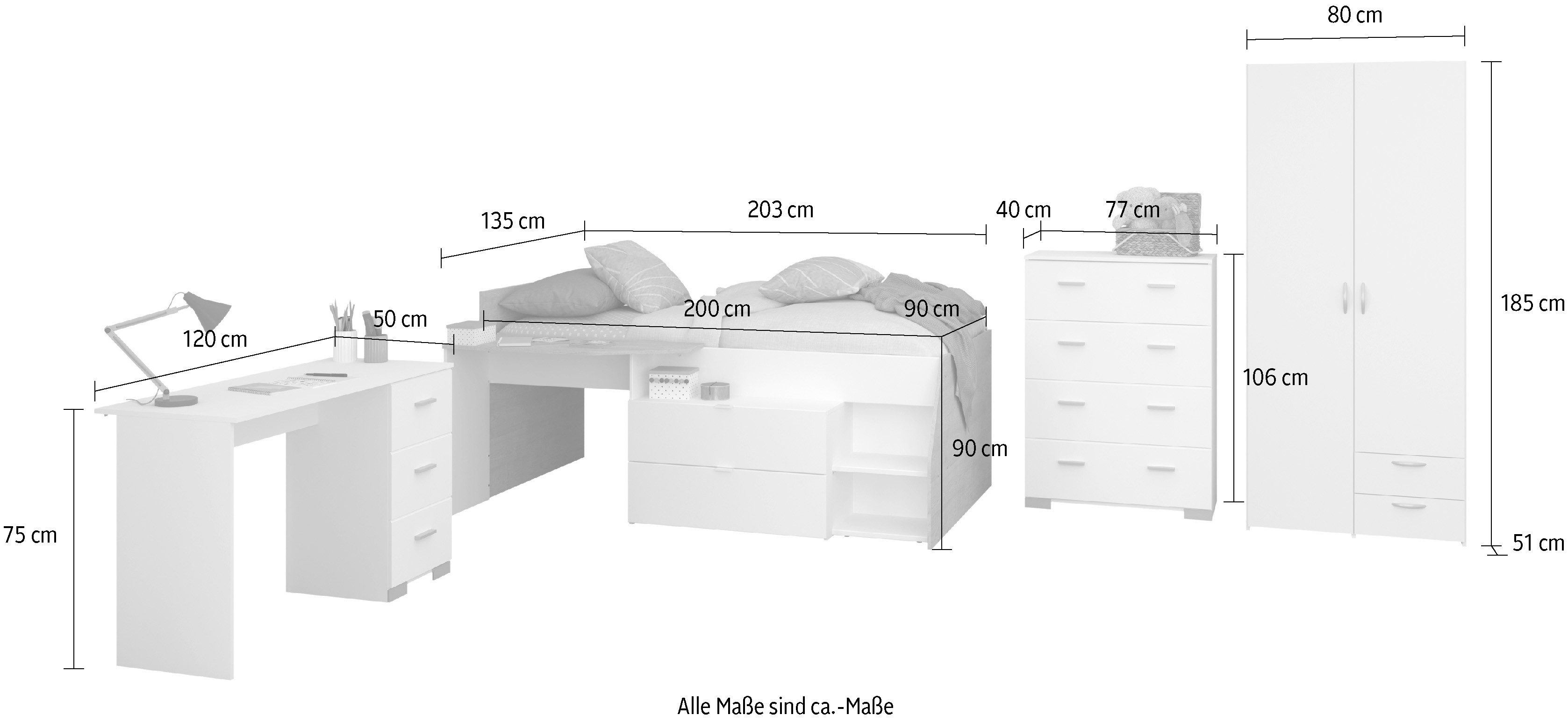 Parisot Tienerkamerset Parisot, Milky 11 veel opbergruimte, complete kamer, voor jongens en meisjes (5-delig)