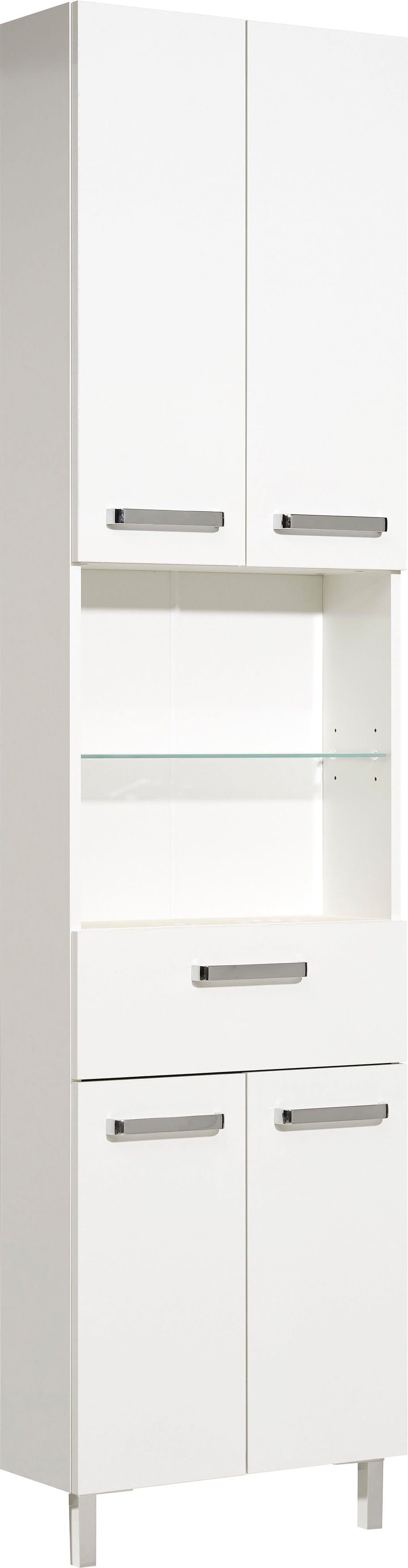 Saphir Hoge kast Quickset badkamermeubel 50 cm breed, 4 deuren, 2 nissen, 1 lade Hoge badkamerkast inclusief deurdemper, grepen in glanzend chroom