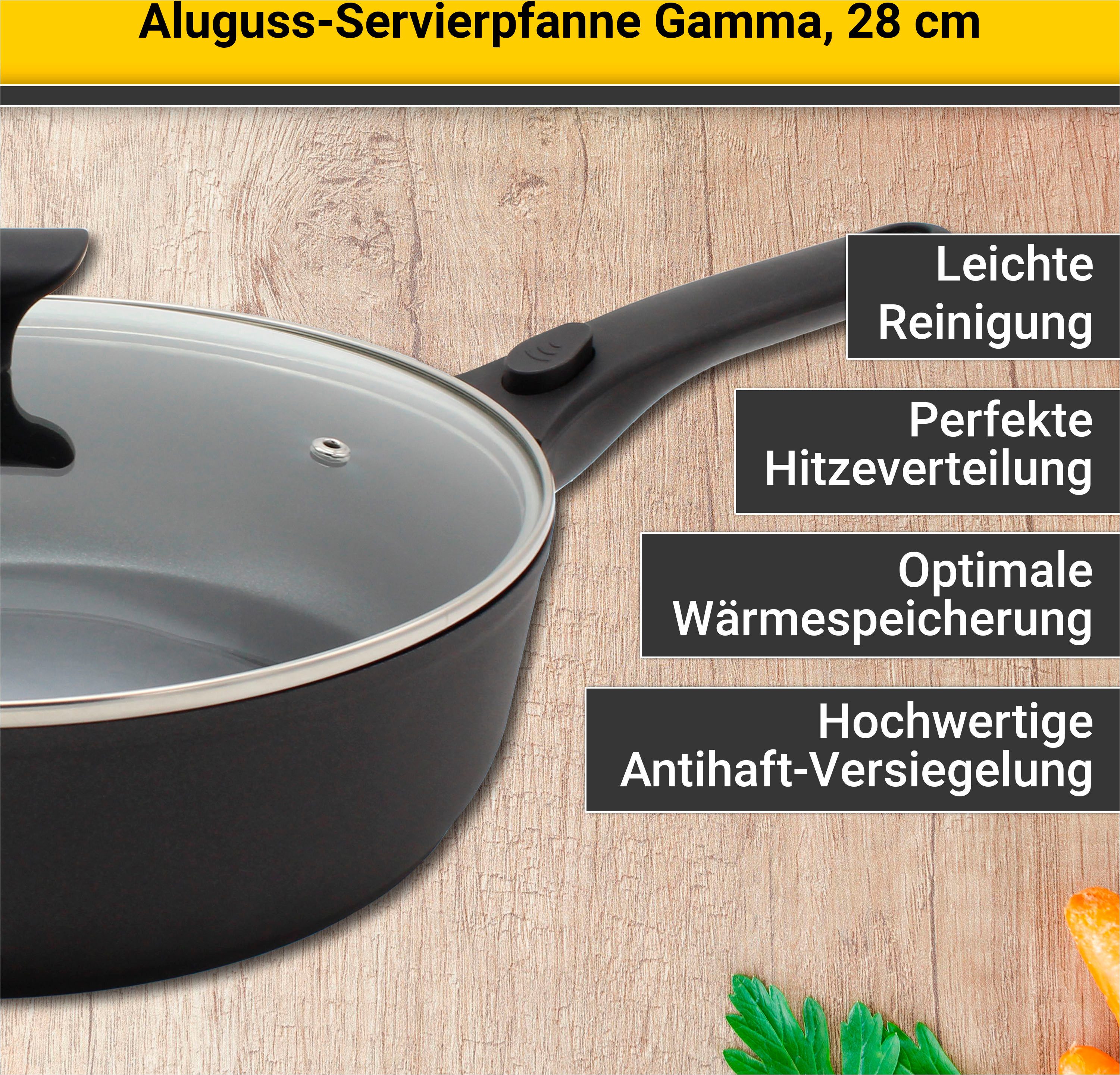 Krüger Serveerpan Aluminium pan GAMMA met glazen deksel, 28 cm, met afneembare handgrepen