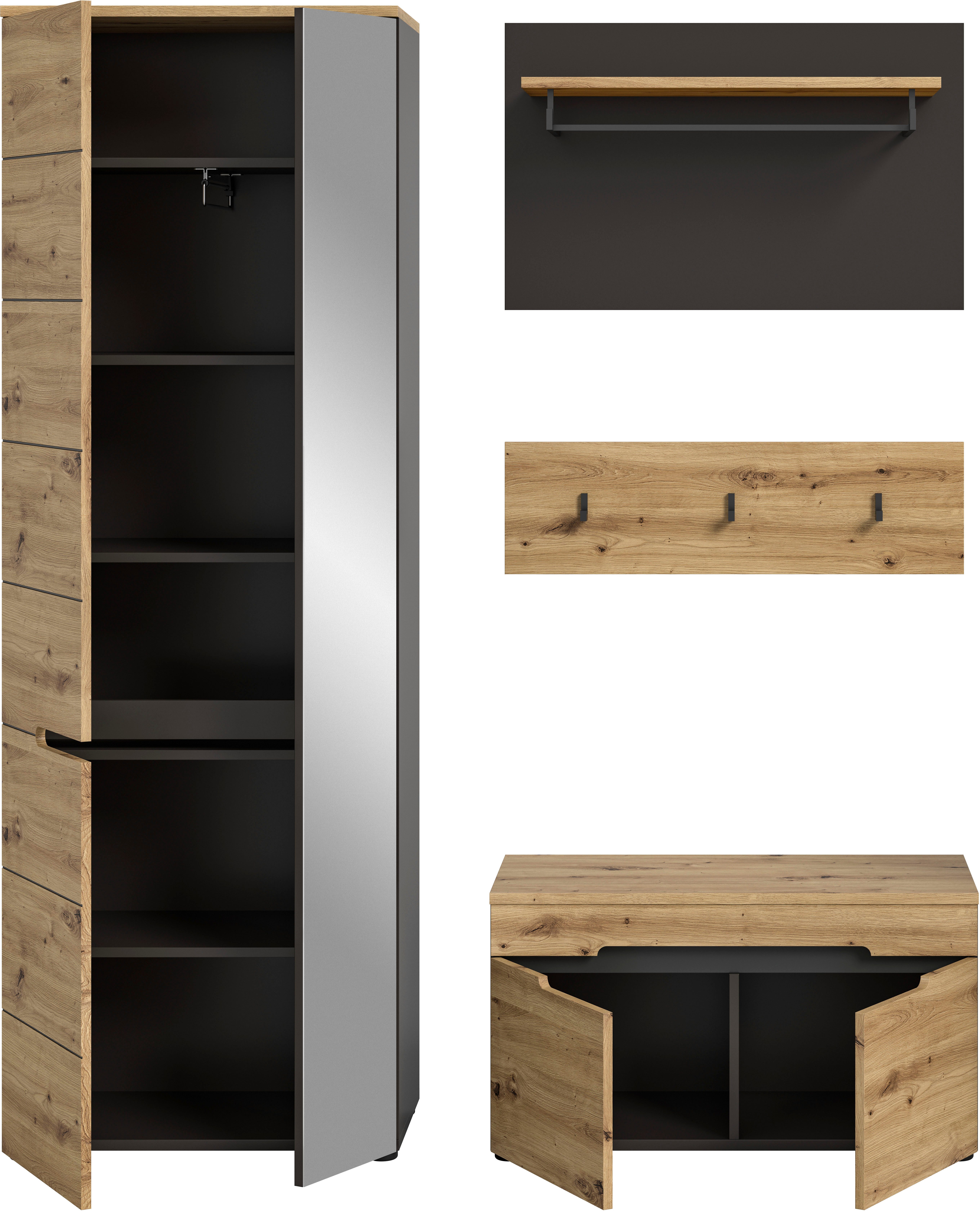 INOSIGN Halmeubelset Garderobekombinatie Rehat, Breedte 160cm, in Basaltgrijs/Artisan Eik Halmeubelen, gangmeubelen, combinatie, hal, garderobe, garderobemeubelen (3 stuks)