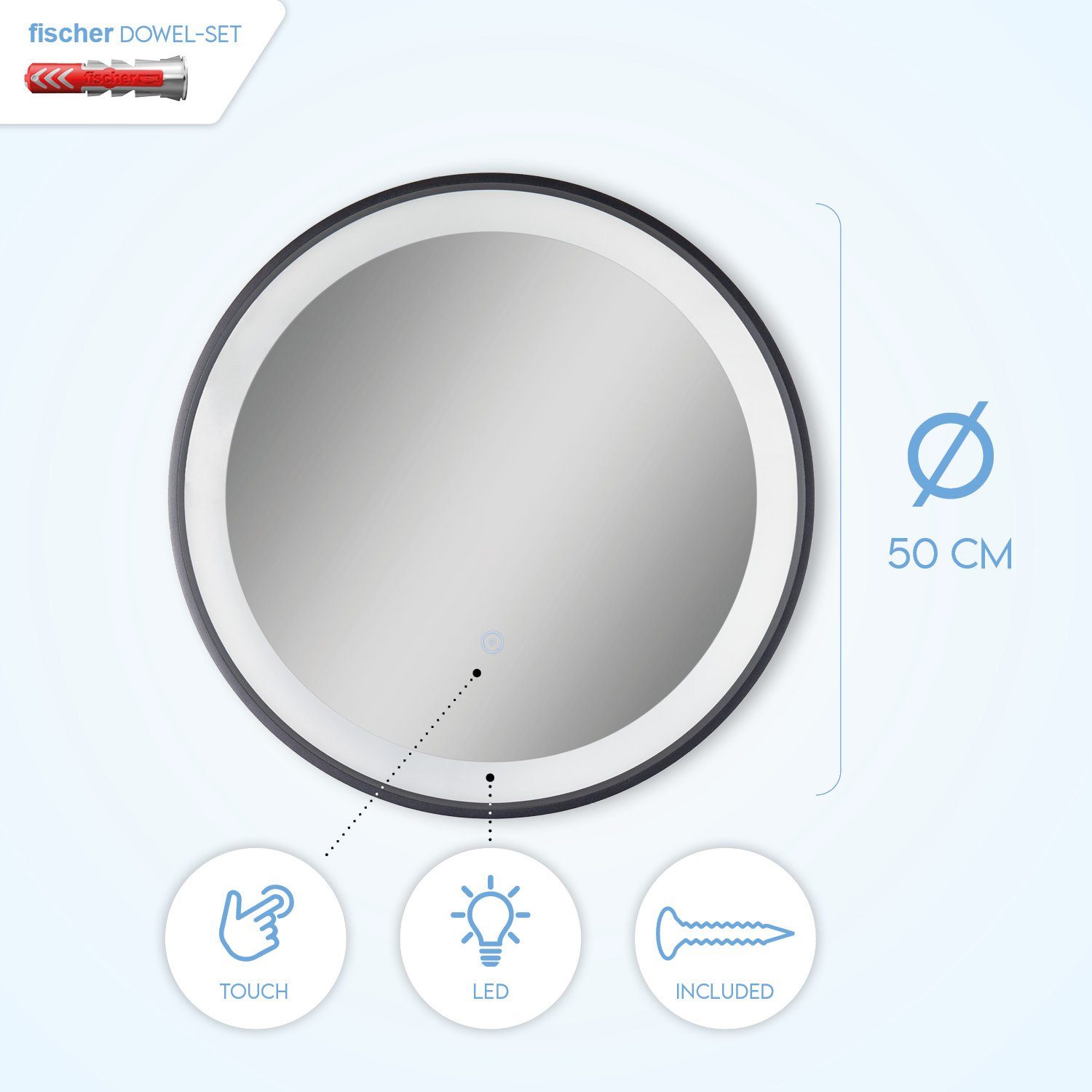 Paco Home Wandlamp SHIRLEY Verlichte spiegel LED achterlicht rond 50cm IP44 touch-met rand