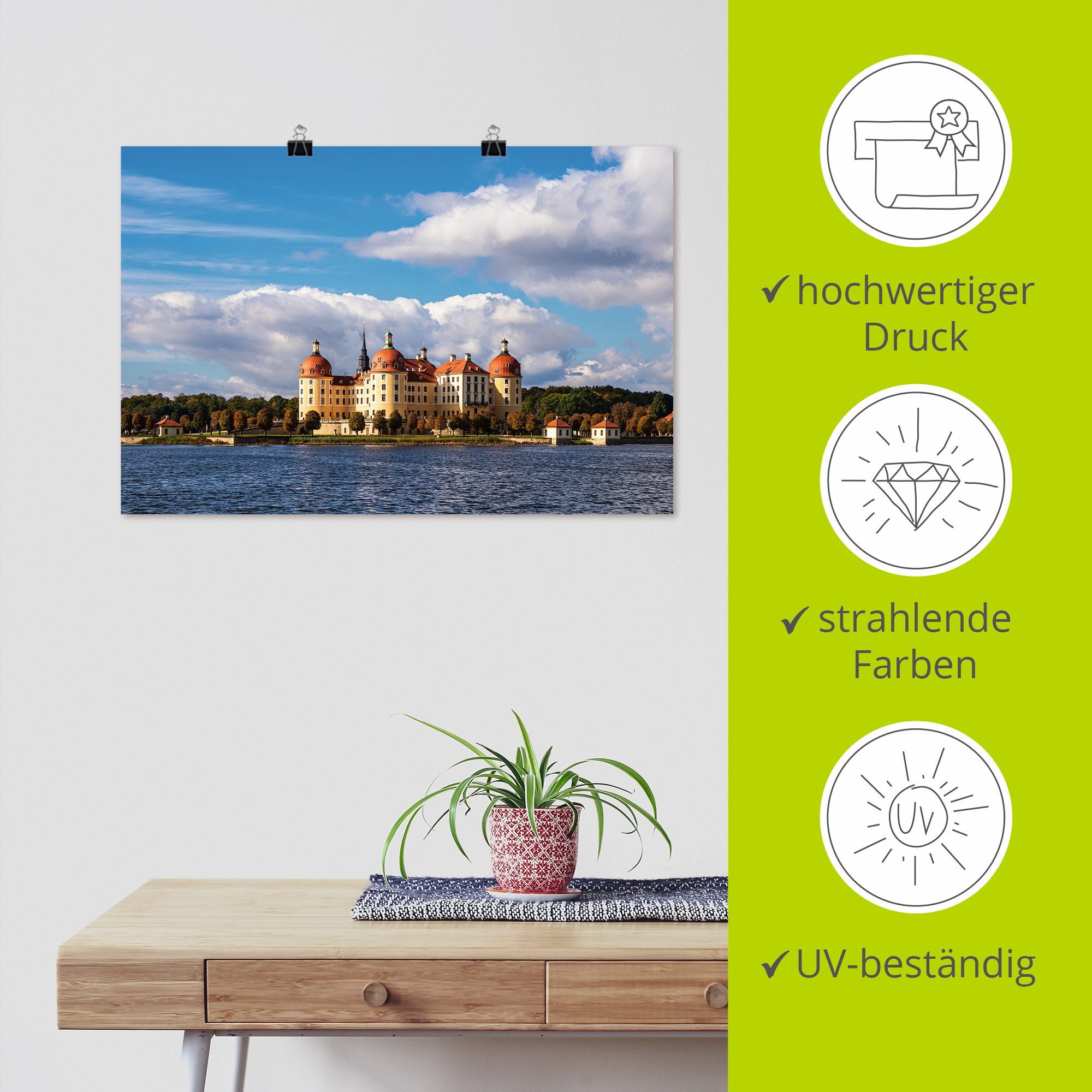 Artland Poster Uitzicht op kasteel Moritzburg in Saksen als artprint van aluminium, artprint op linnen, muursticker of poster in verschillende maten