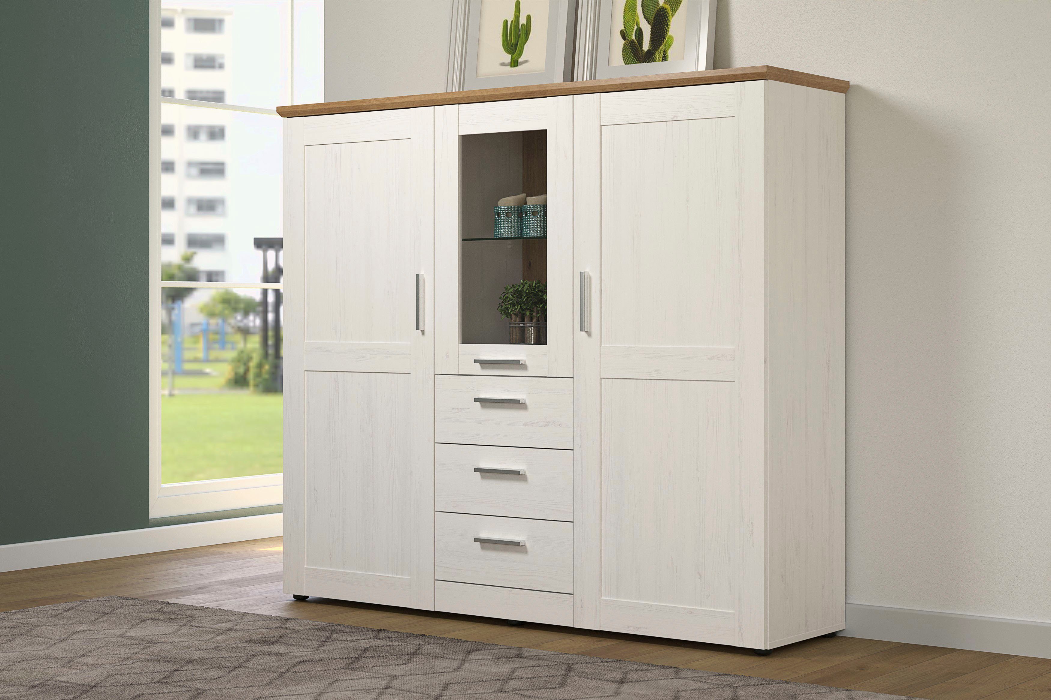 Home affaire Highboard Nybro Vitrine, omkeerbaar monteerbare deurstop, breedte 159 cm highboards wit