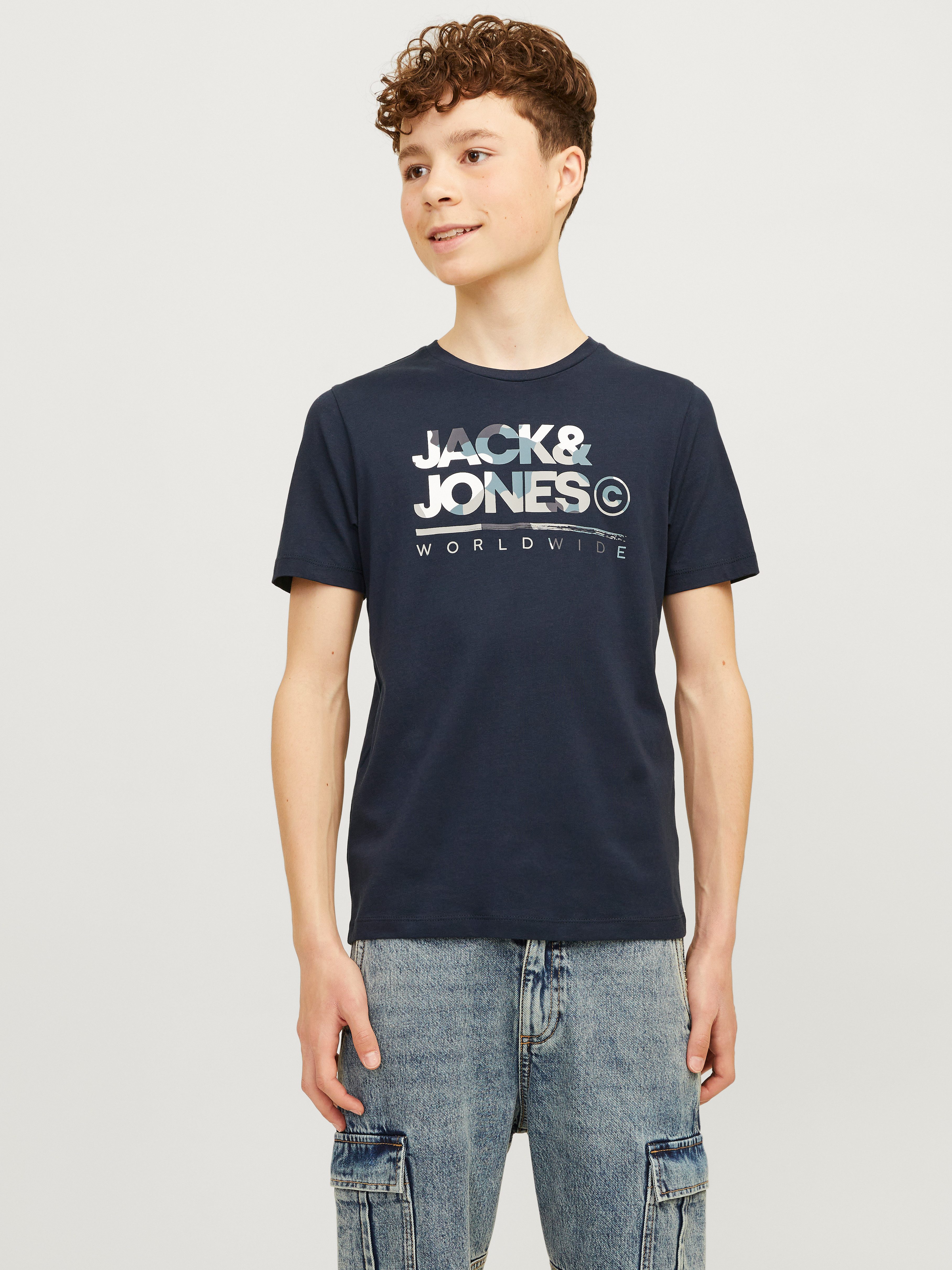 Jack & jones JUNIOR T-shirt JJLUKE met logo donkerblauw Jongens Katoen Ronde hals 152