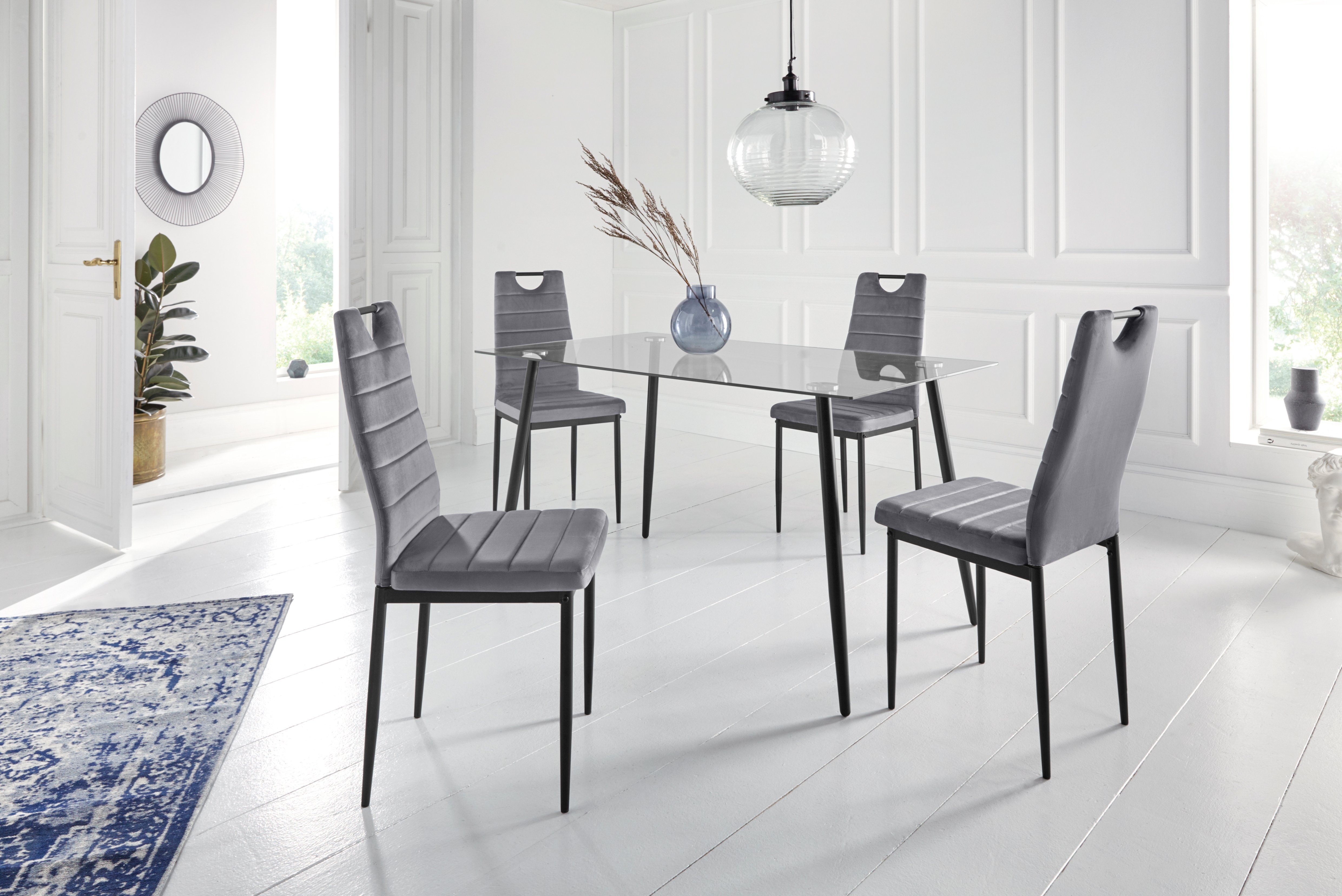INOSIGN Eethoek Glazen tafel, breedte 140 cm en 4 eetkamerstoelen, bekleding van fluweel (set, 5-delig)