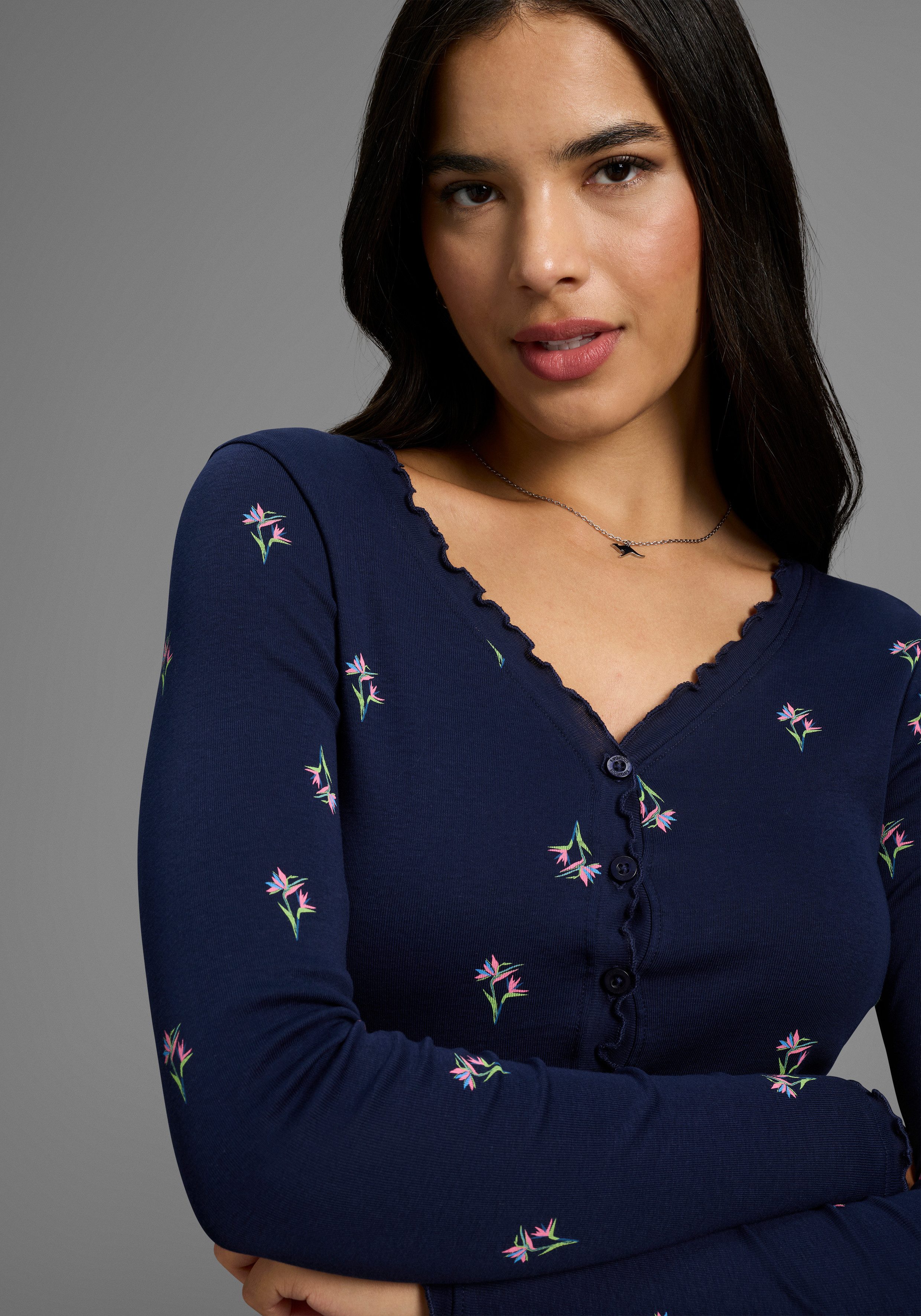 KangaROOS Shirt met lange mouwen met bloemenprint en knoopsluiting