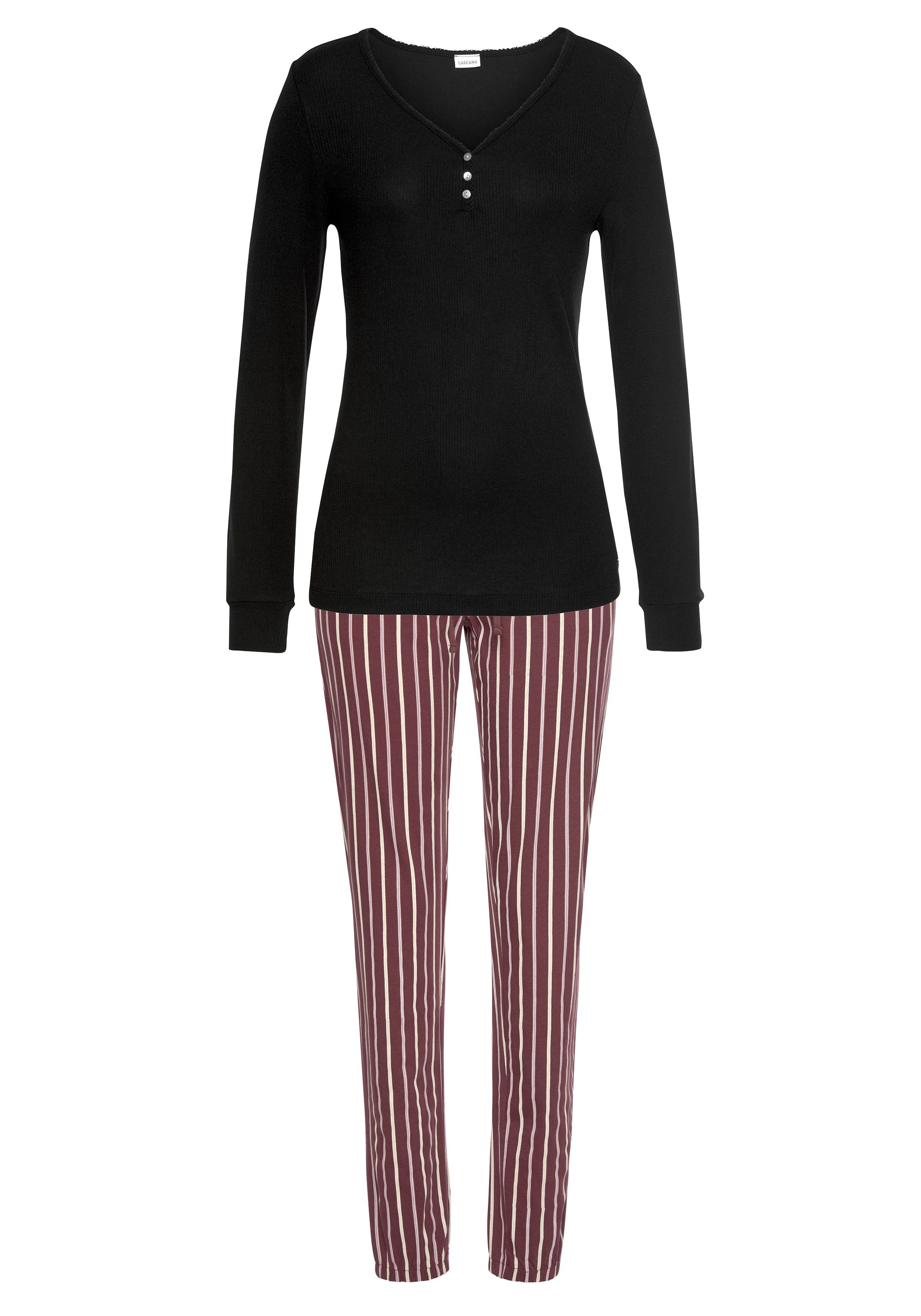 Lascana Pyjama met geribd shirt met lange mouwen (2-delig, 1 stuk)