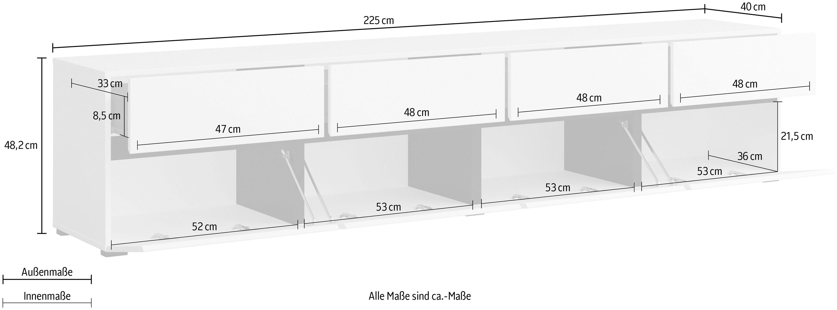 INOSIGN Tv-meubel Cross, moderne greeploze TV-kommode, 4 kleppen/4 lades Breedte 225 cm, tv-kast met veel opbergruimte, tv-meubel